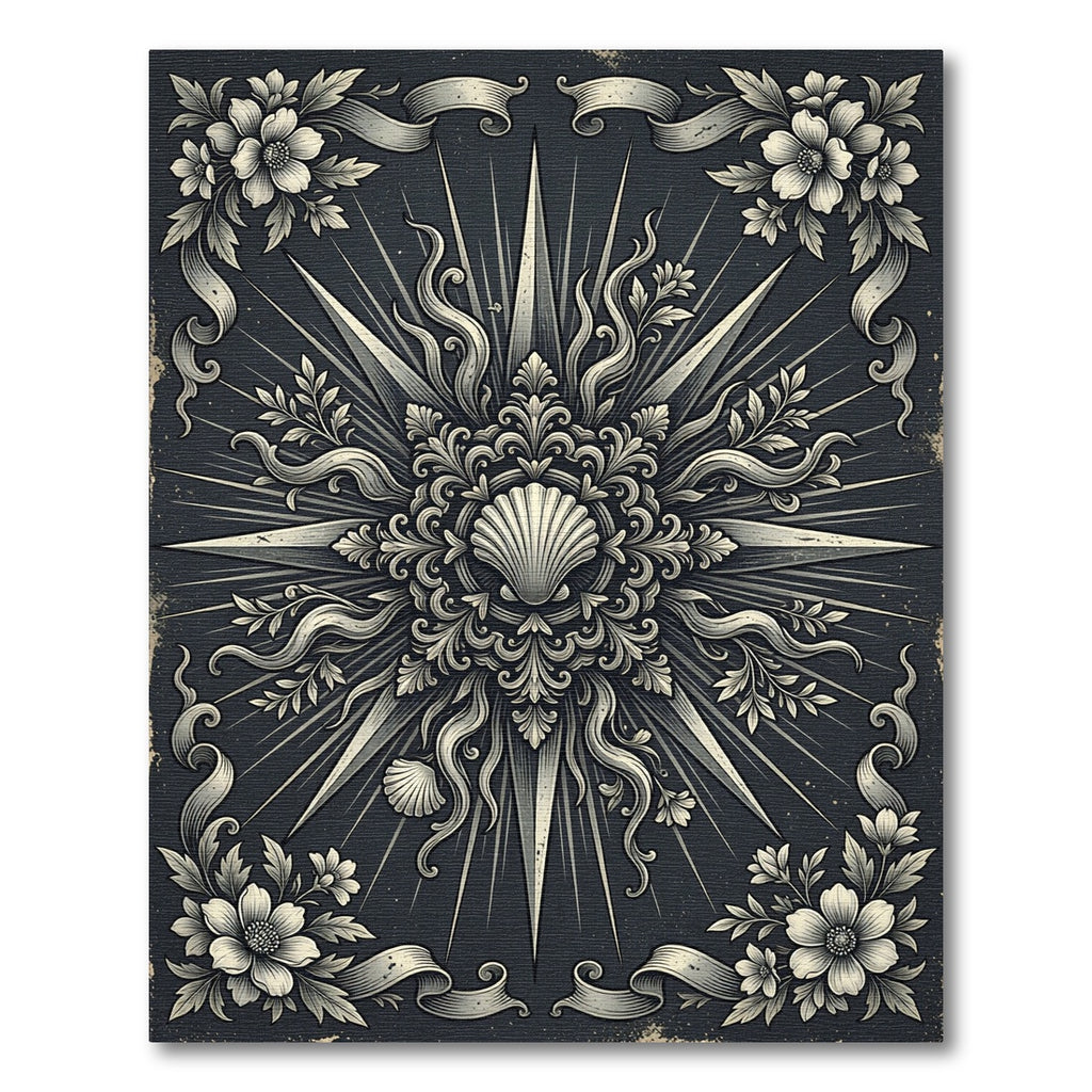 Vintage Charcoal Seashell Sunburst Damask Rug