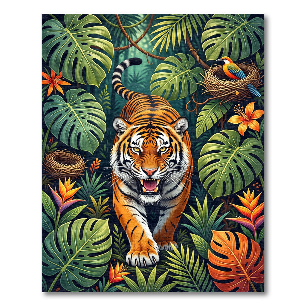 Vibrant Tropical Tiger Jungle Foliage Rug