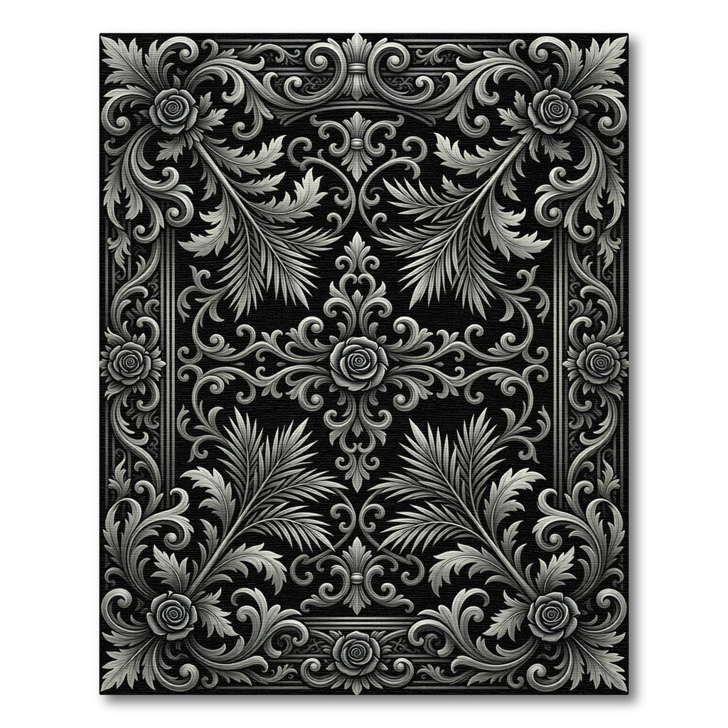 Ornate Silver Floral Swirl Border Rug