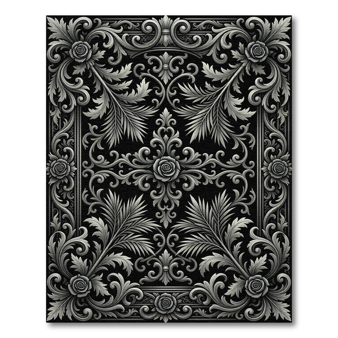 Ornate Silver Floral Swirl Border Rug
