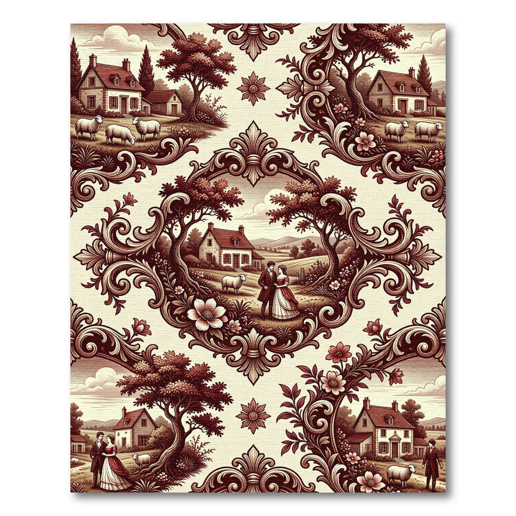 Ornate Red Countryside Estate Scene Rug