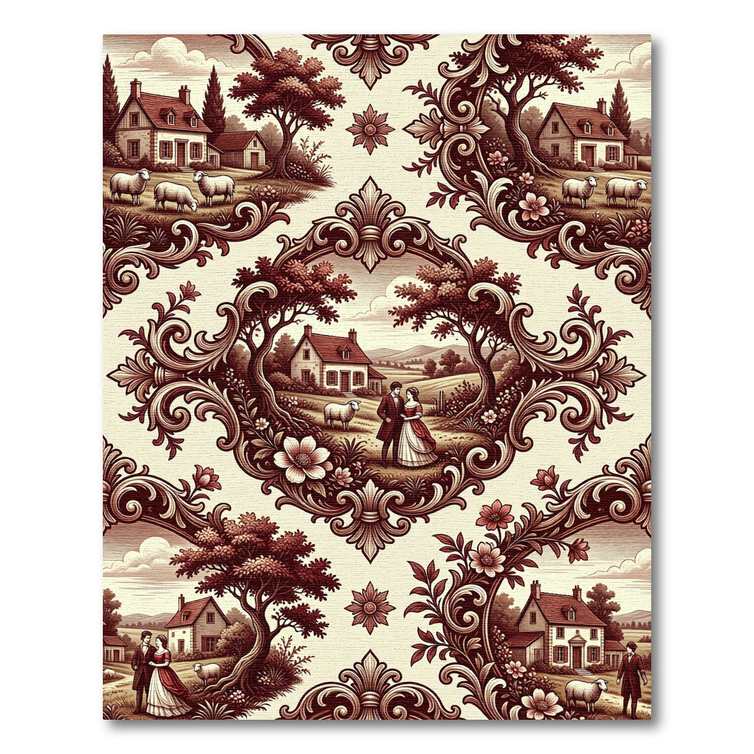 Ornate Red Countryside Estate Scene Rug