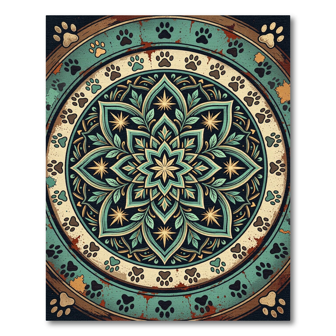 Earthy Teal Floral Paw Mandala Rug
