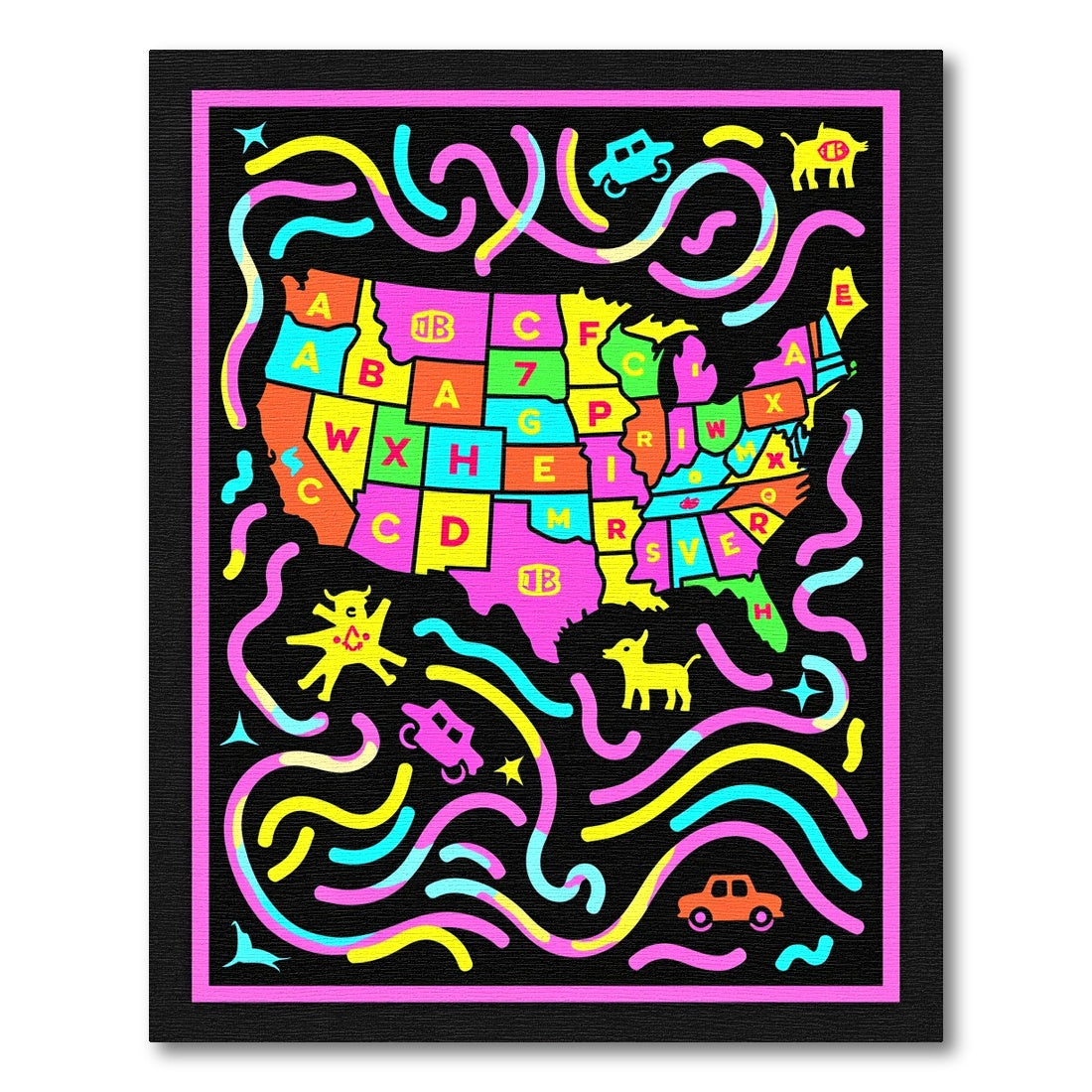 Colorful Alphabet Map Creatures and Cars Rug