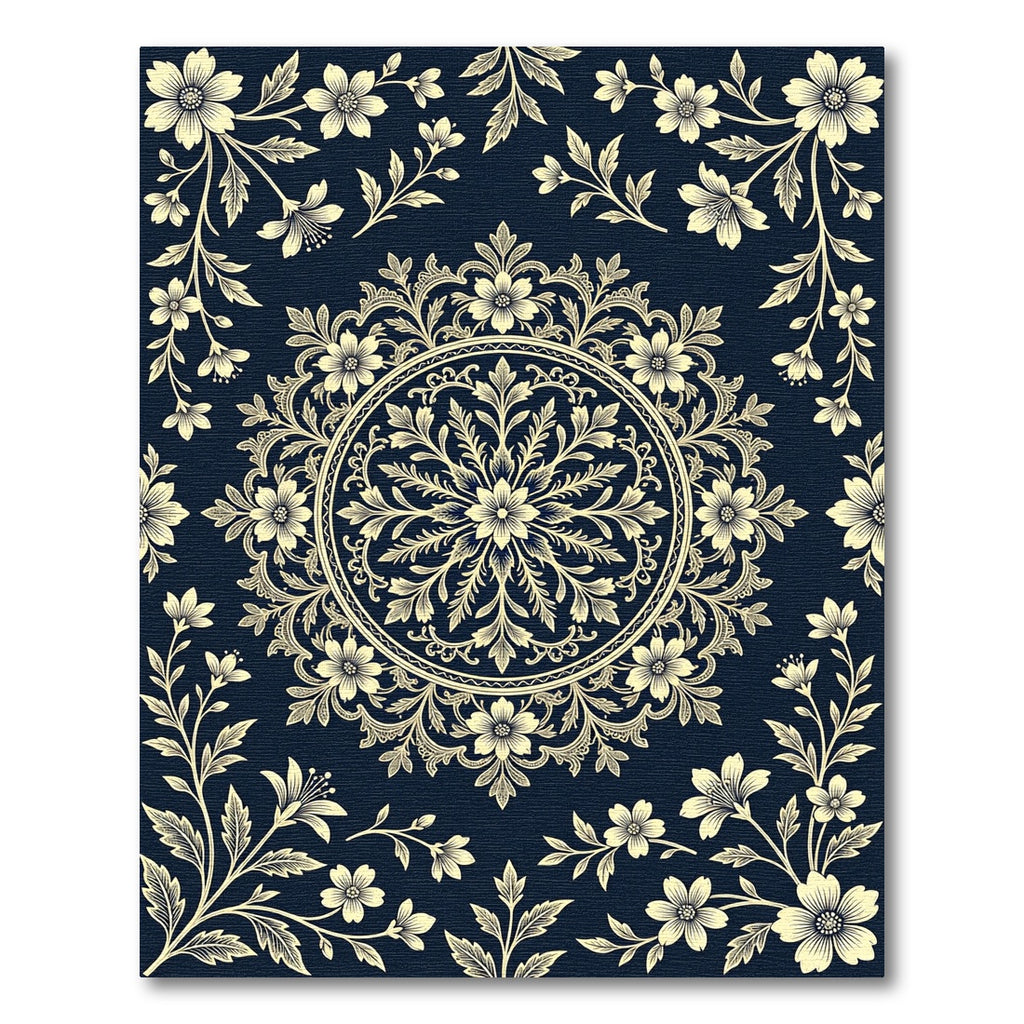 Navy Blue Cream Floral Damask Medallion Rug