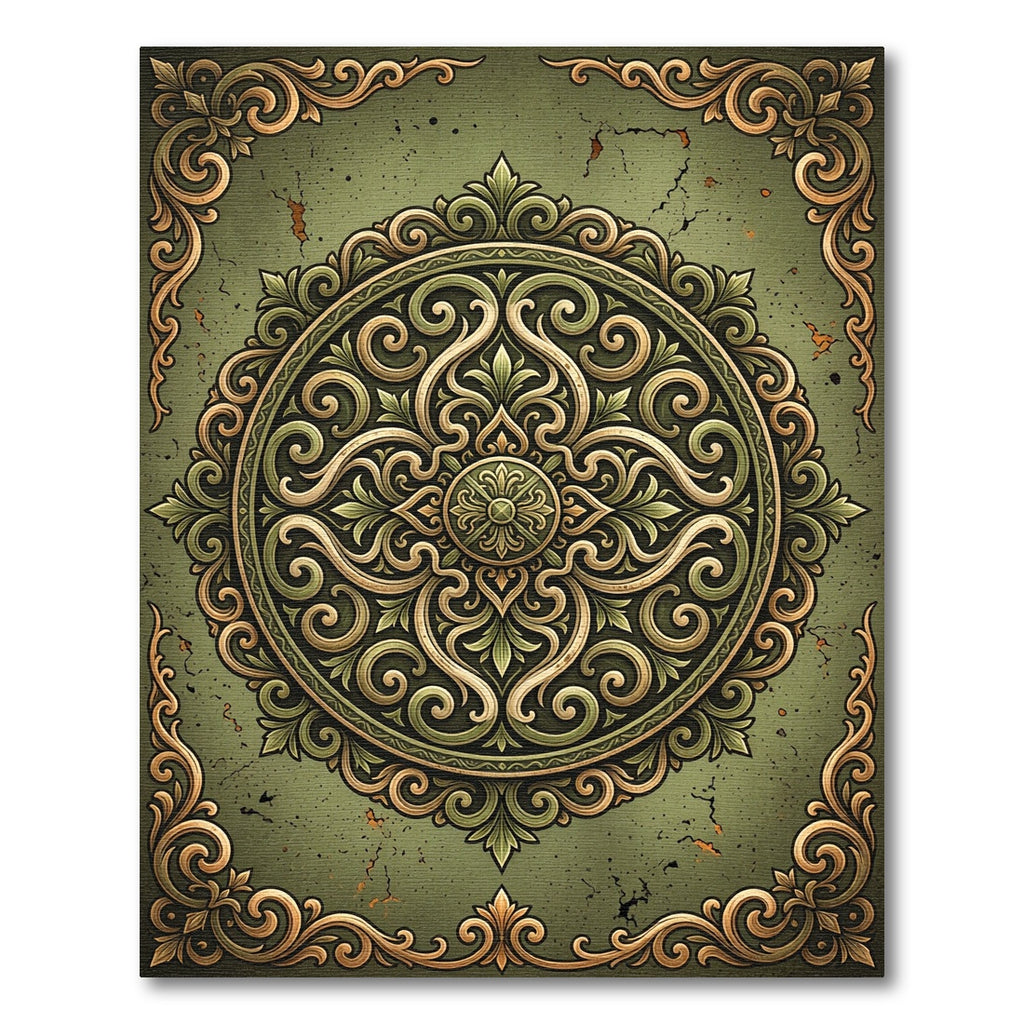 Antique Olive Ornate Filigree Medallion Rug