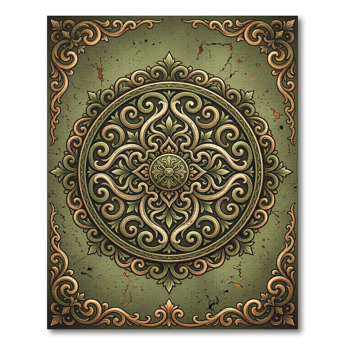 Antique Olive Ornate Filigree Medallion Rug