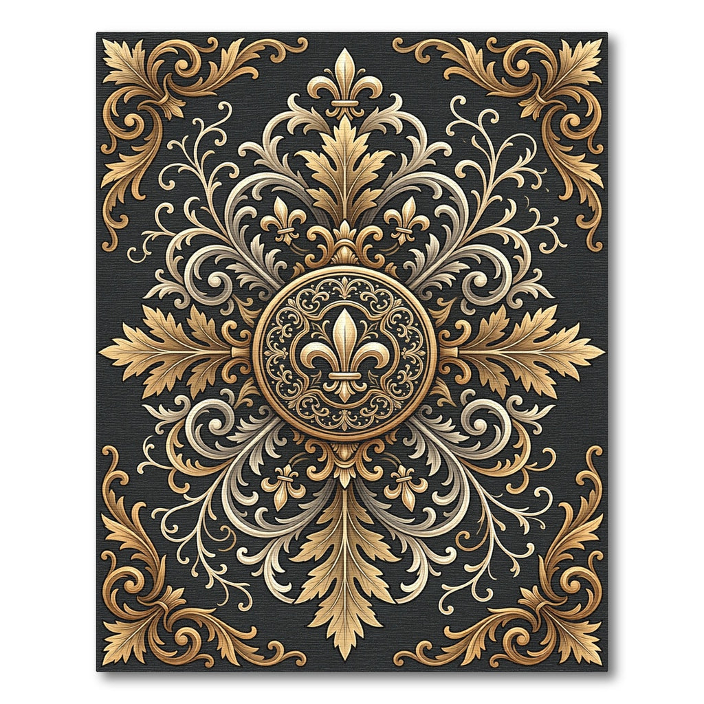 Ornate Golden Fleur de Lis Medallion Rug