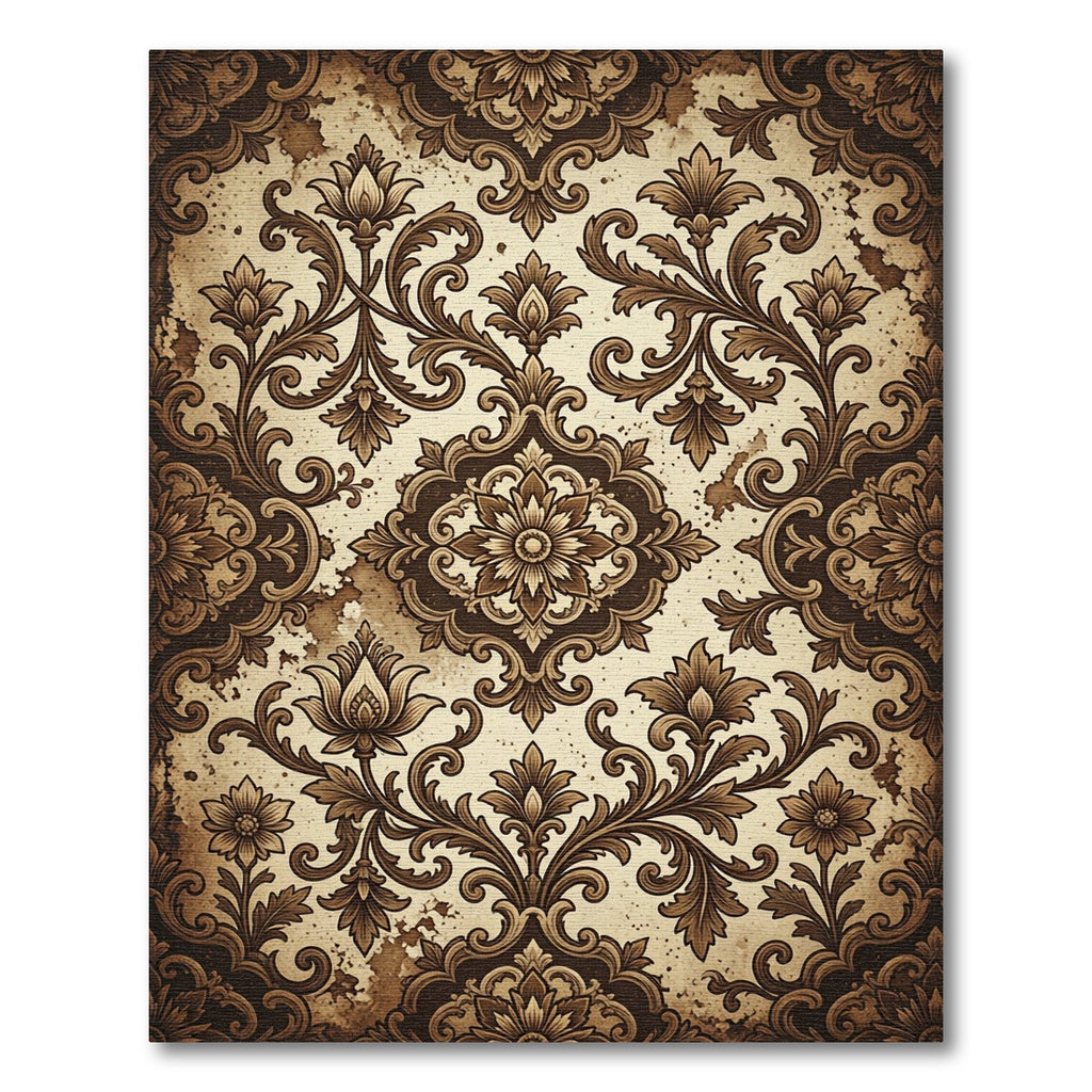 Vintage Brown Ornate Damask Scroll Rug
