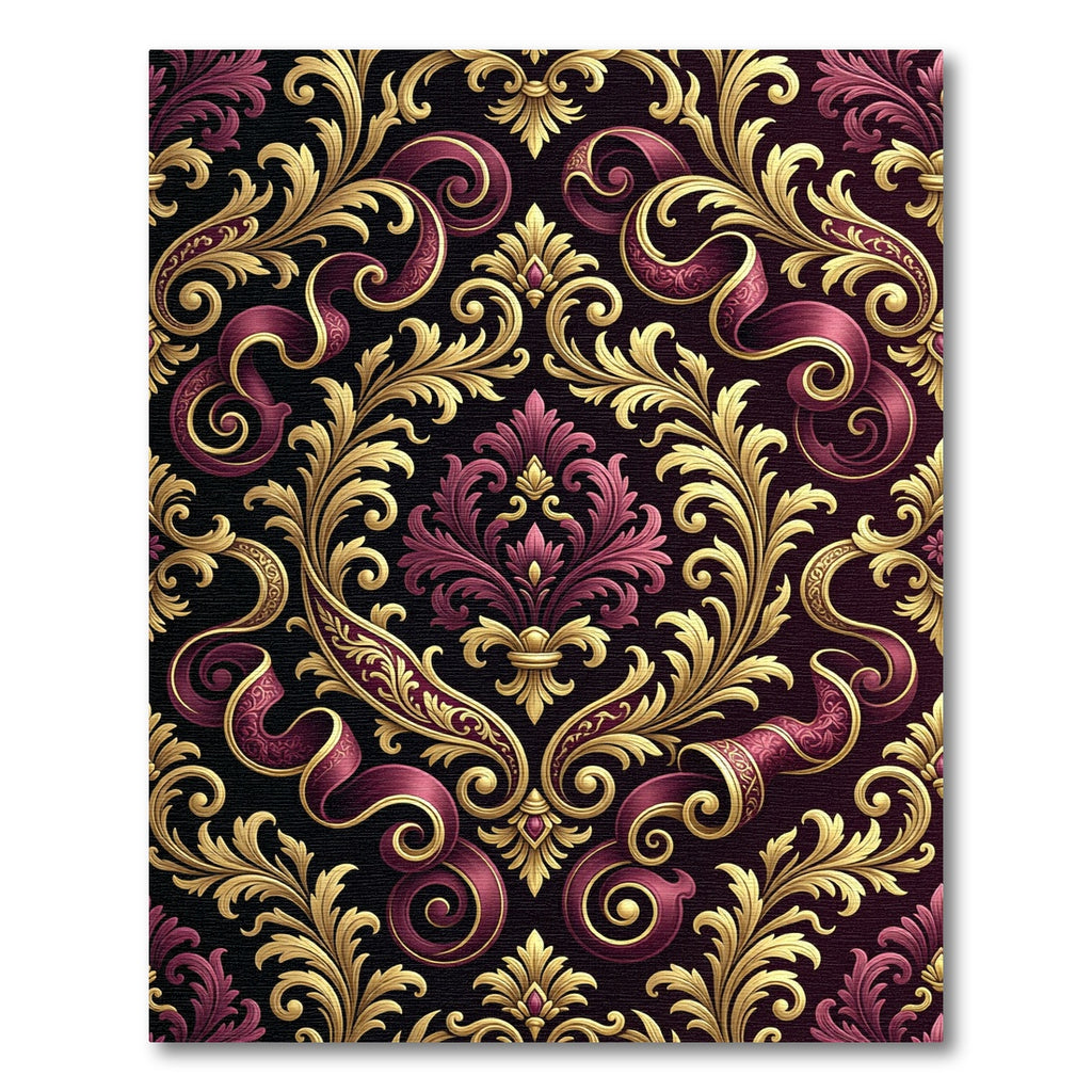 Royal Burgundy Gold Damask Scroll Rug