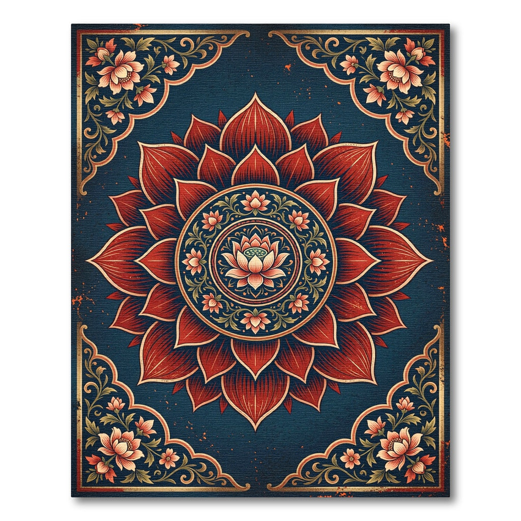 Ornate Deep Blue Red Lotus Medallion Rug