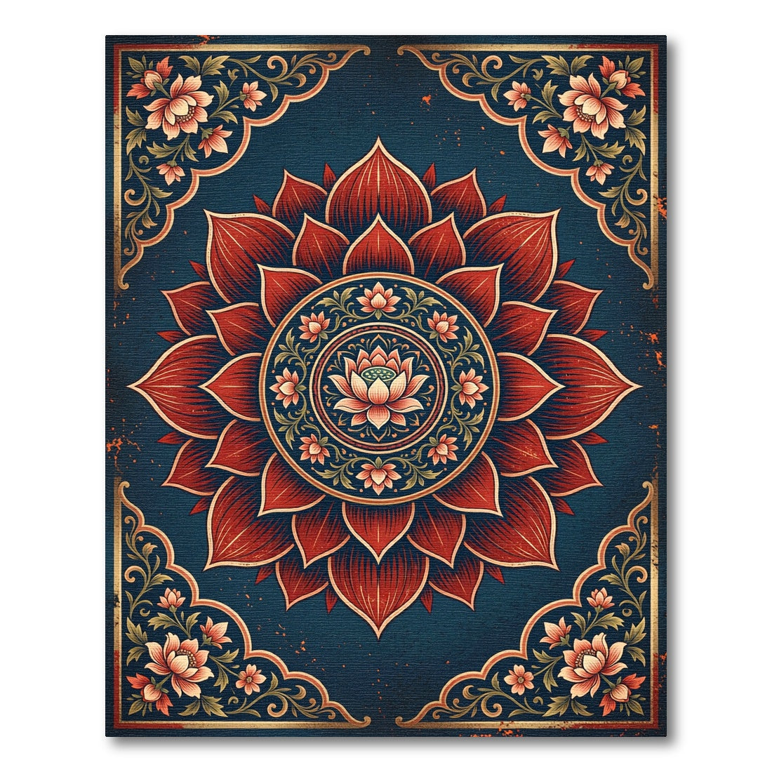 Ornate Deep Blue Red Lotus Medallion Rug