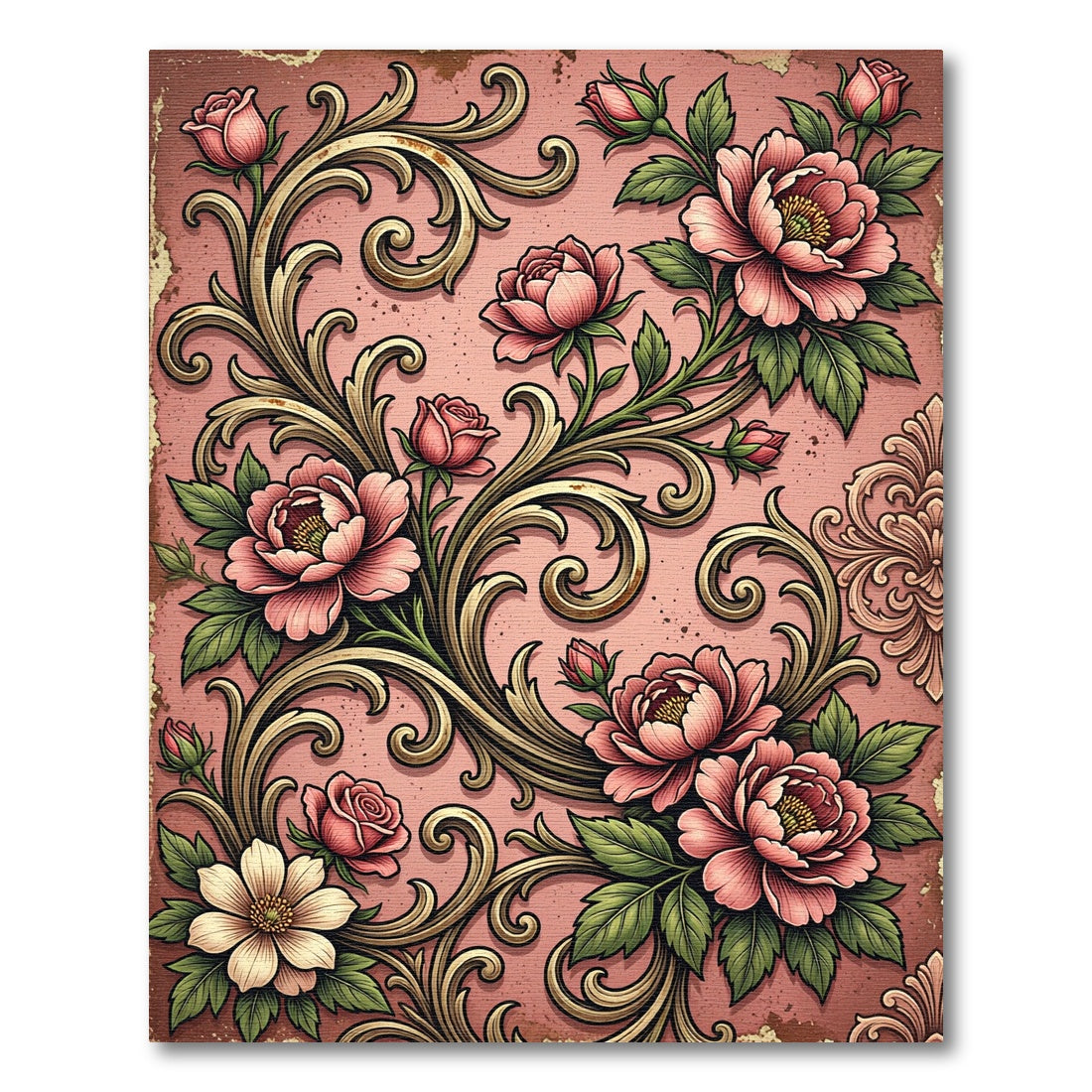 Vintage Pink Peony Floral Scrollwork Rug