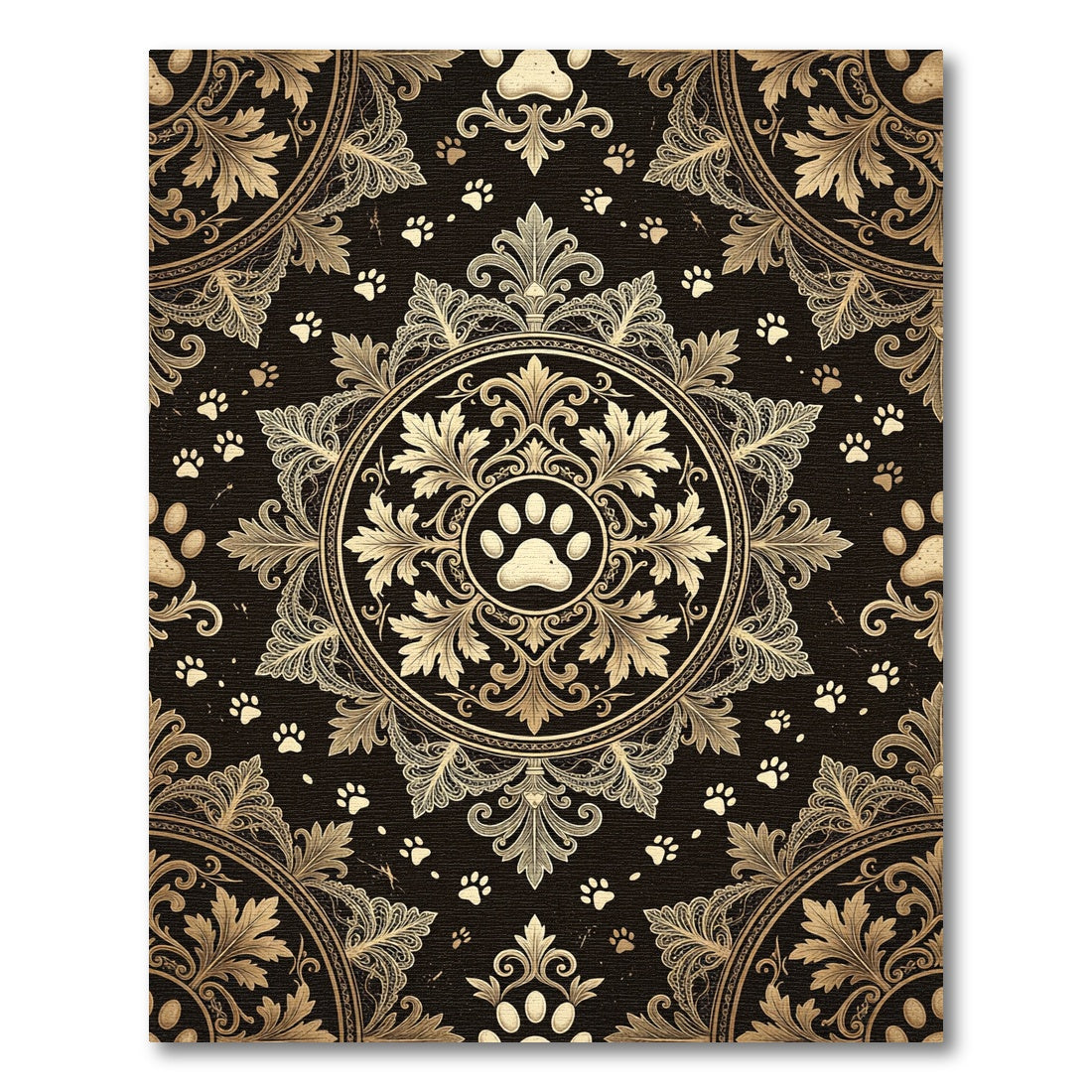 Ornate Gold Paw Damask Medallion Rug