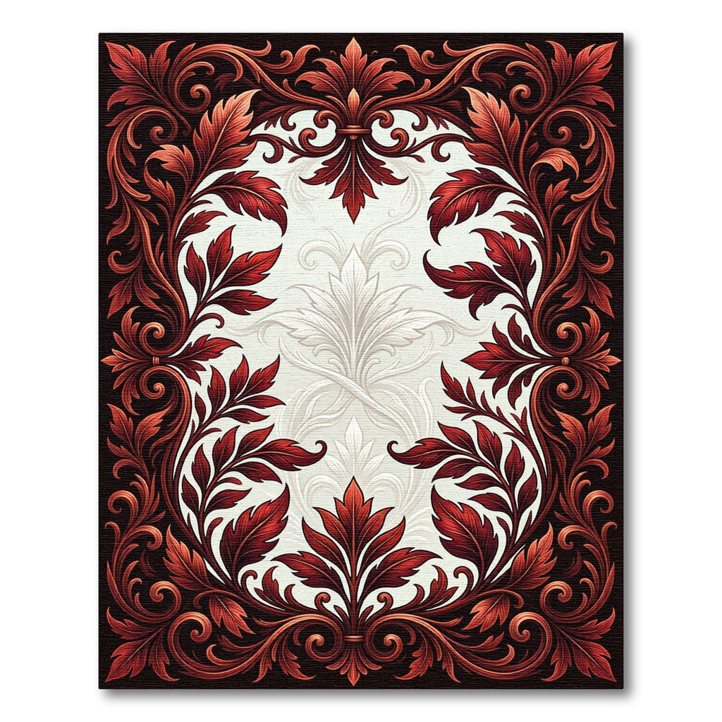 Ornate Red Leaf Scroll Frame Rug