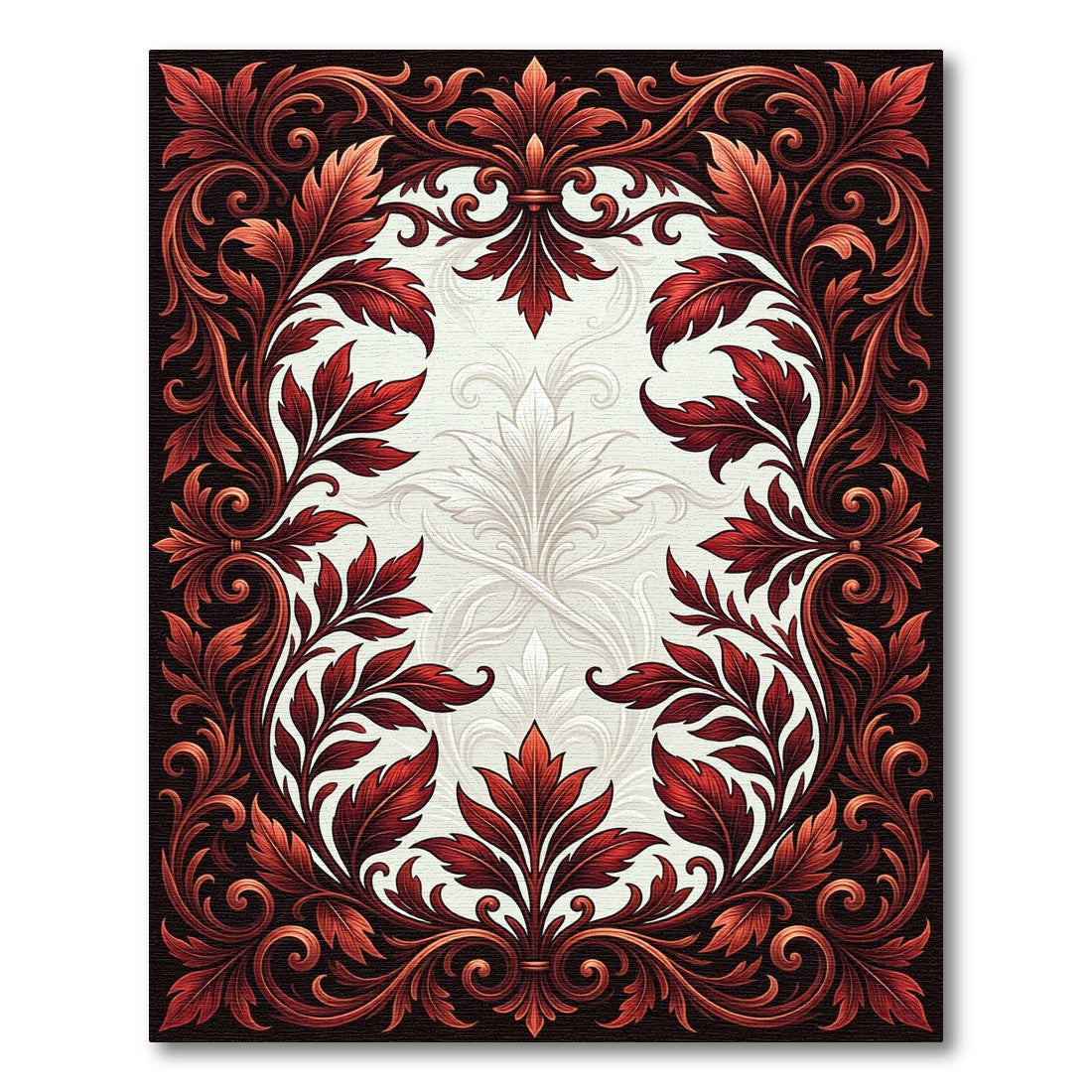Ornate Red Leaf Scroll Frame Rug