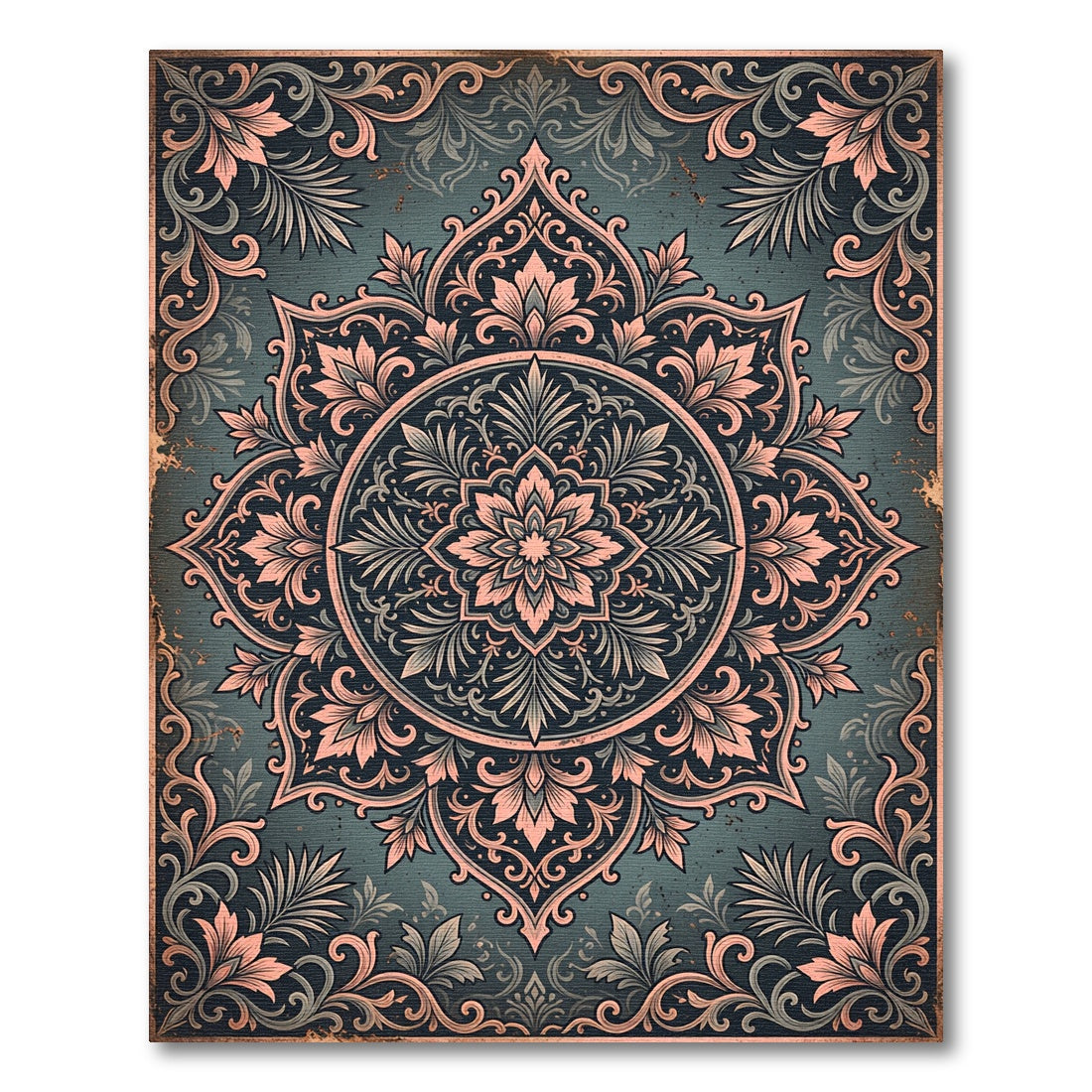 Deep Teal Rose Medallion Floral Rug