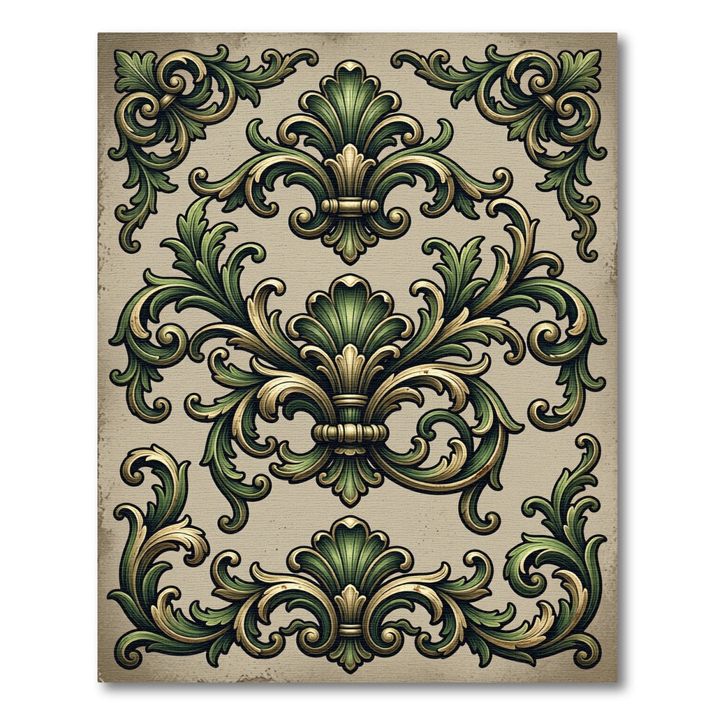 Ornate Green Gold Acanthus Scroll Rug