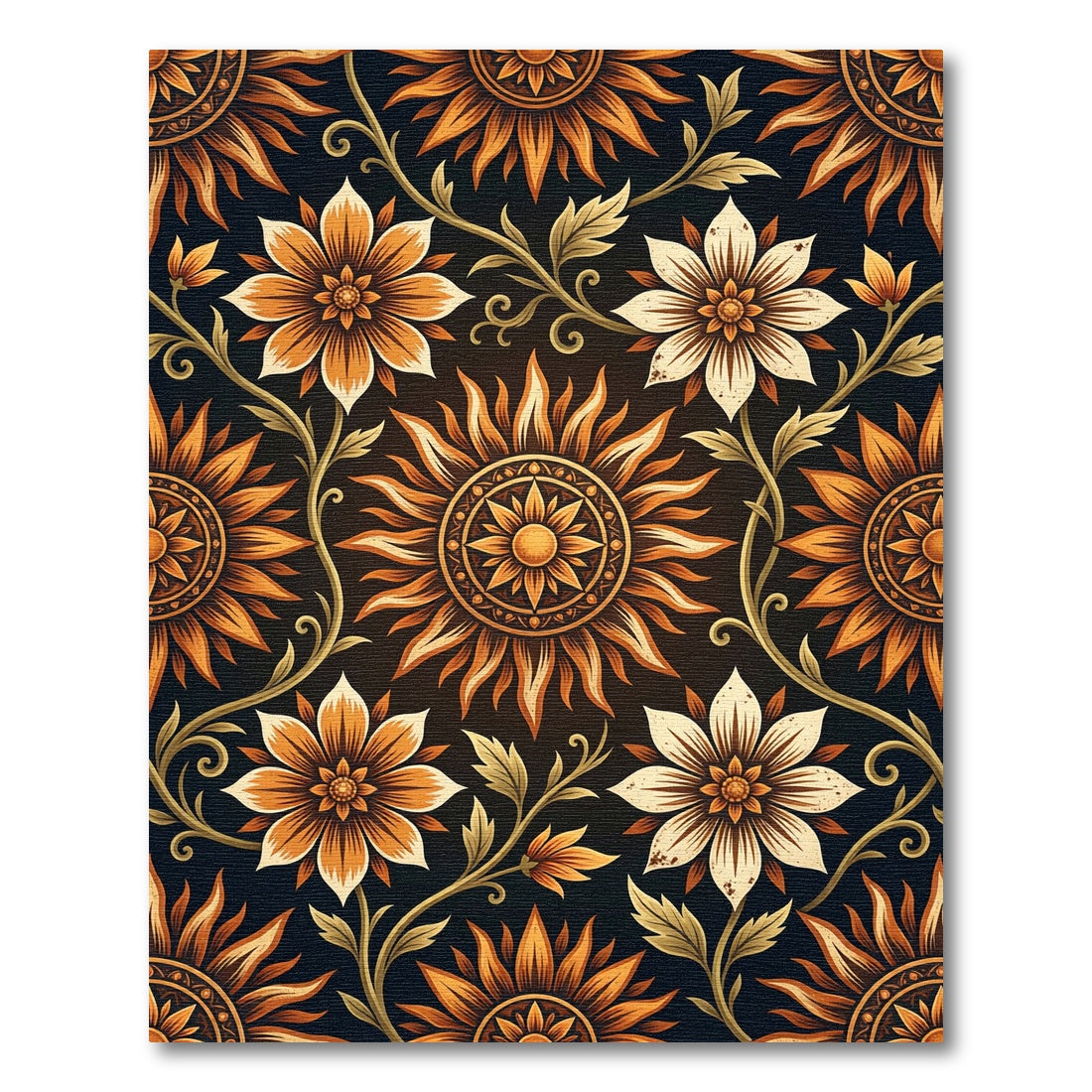 Golden Sunburst Floral Vine Medallion Rug