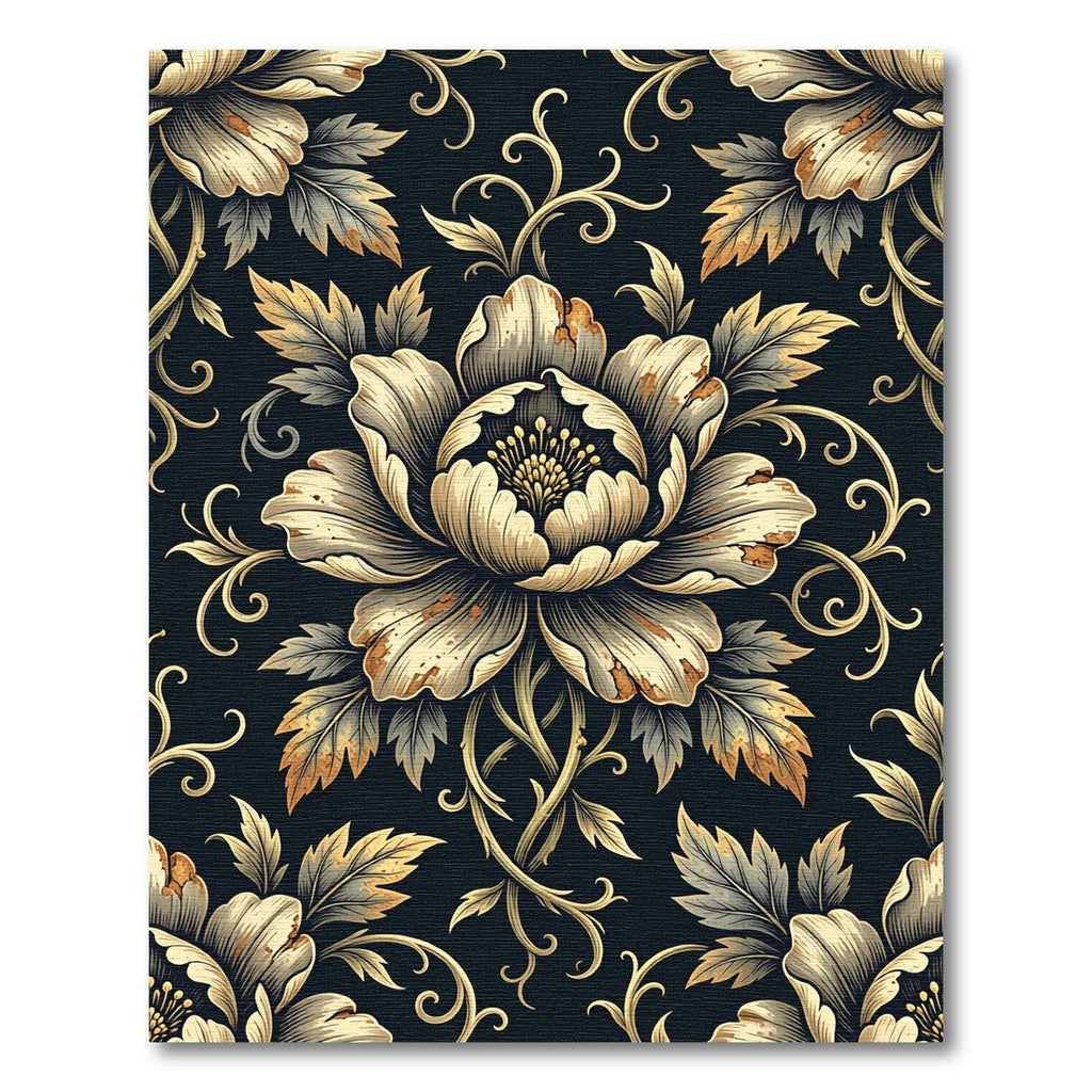 Vintage Gold Floral Black Damask Rug