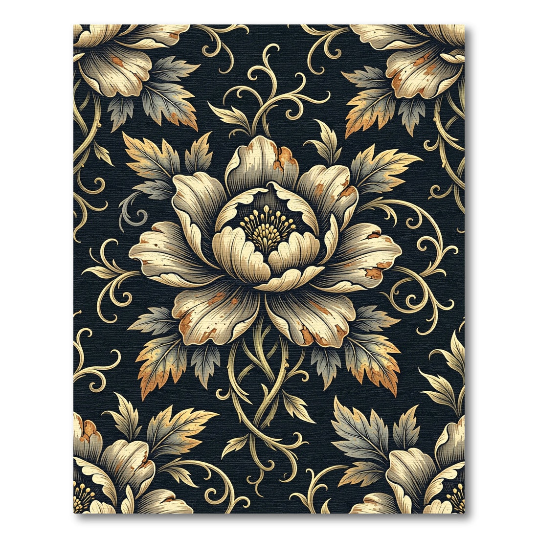 Vintage Gold Floral Black Damask Rug