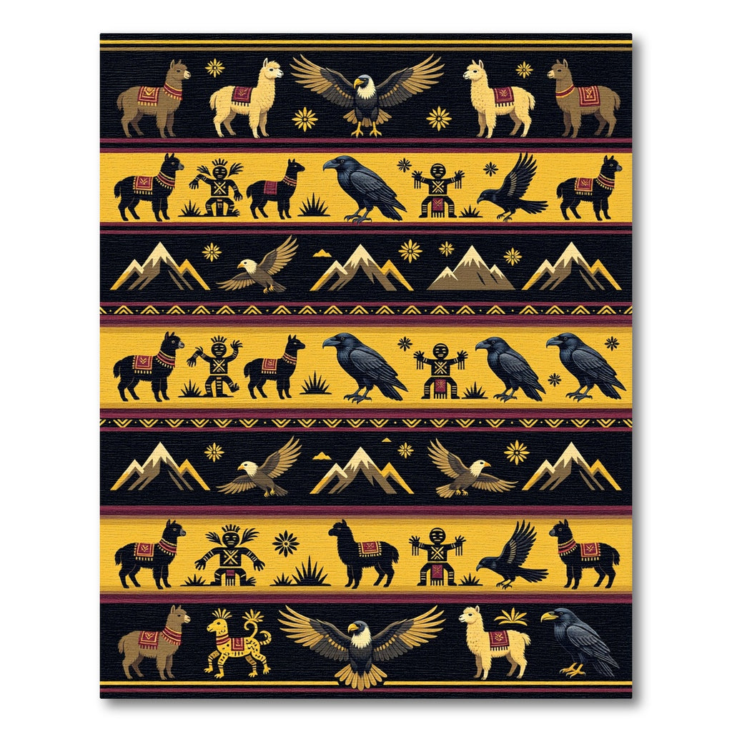 Golden Yellow Tribal Eagle Llama Raven Rug