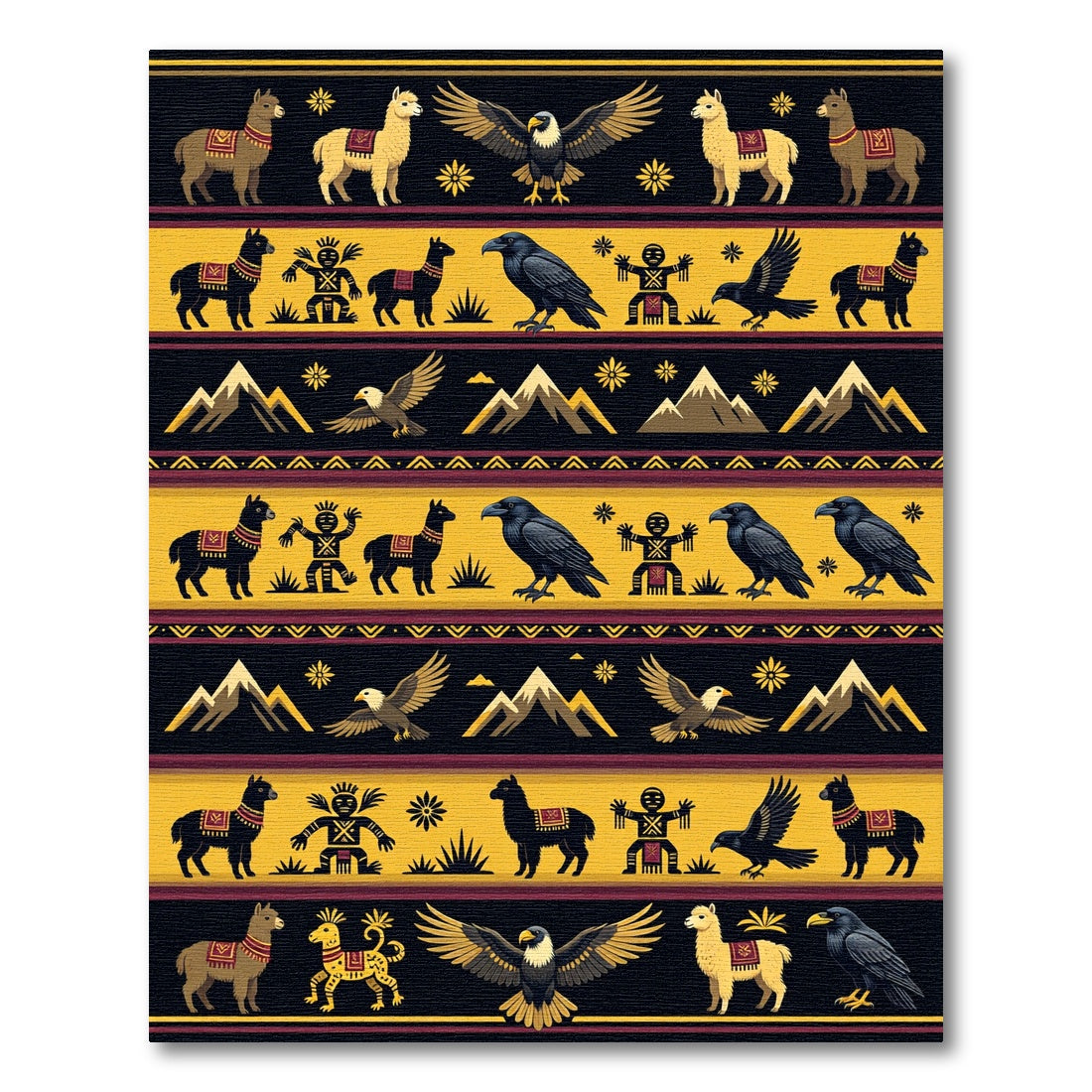 Golden Yellow Tribal Eagle Llama Raven Rug