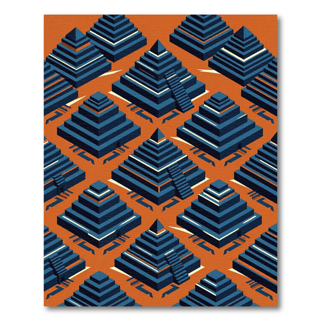 Geometric Blue Pyramid Burnt Orange Rug