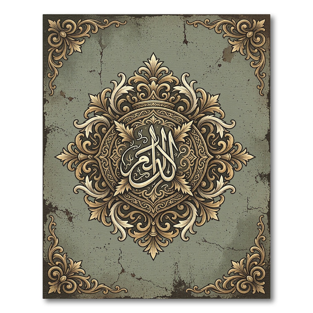 Vintage Gold Ornate Damask Medallion Rug