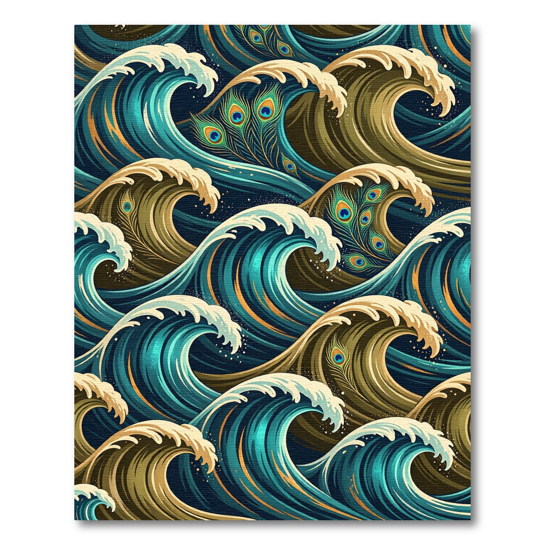 Golden Teal Peacock Wave Composition Rug