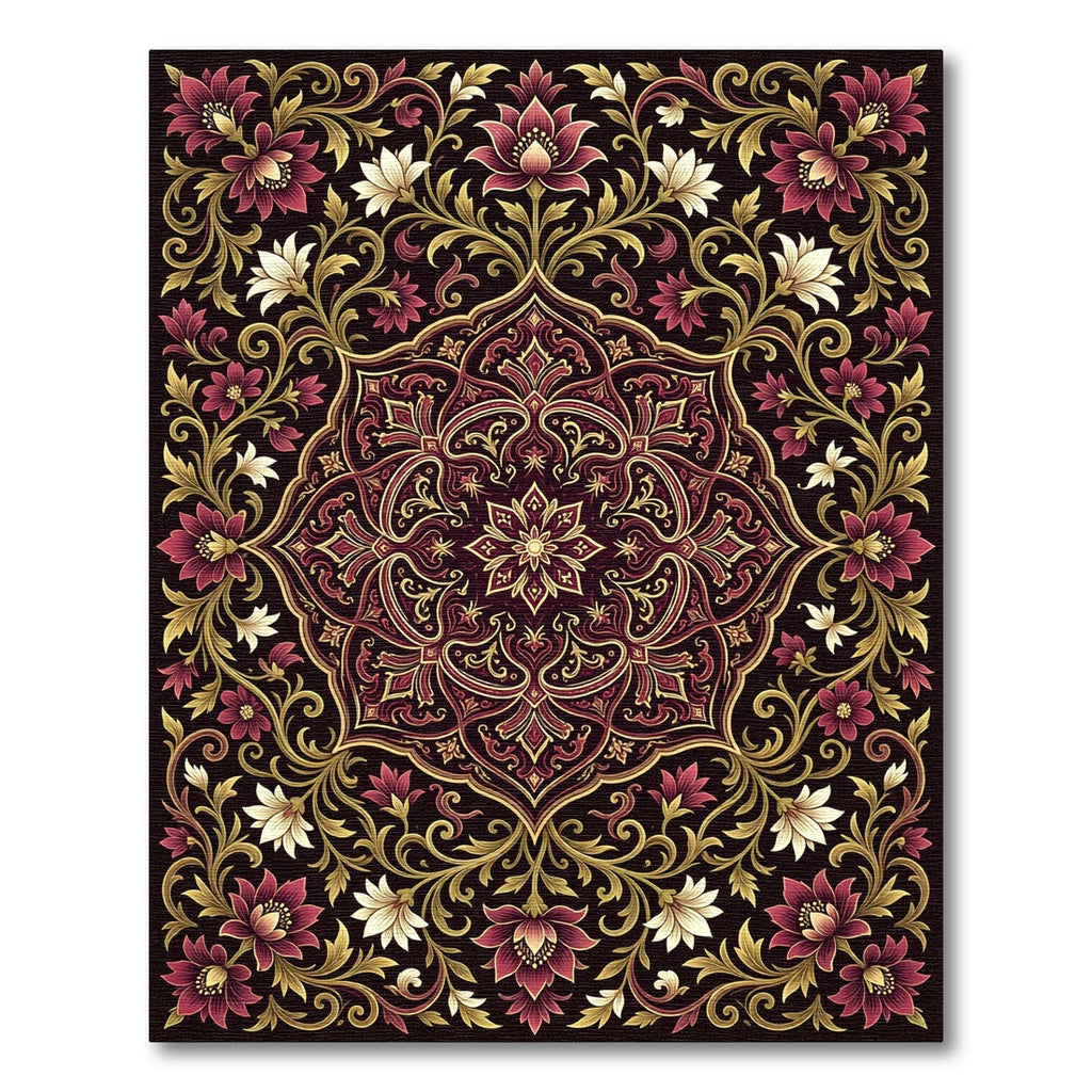 Ornate Crimson Floral Gold Medallion Rug