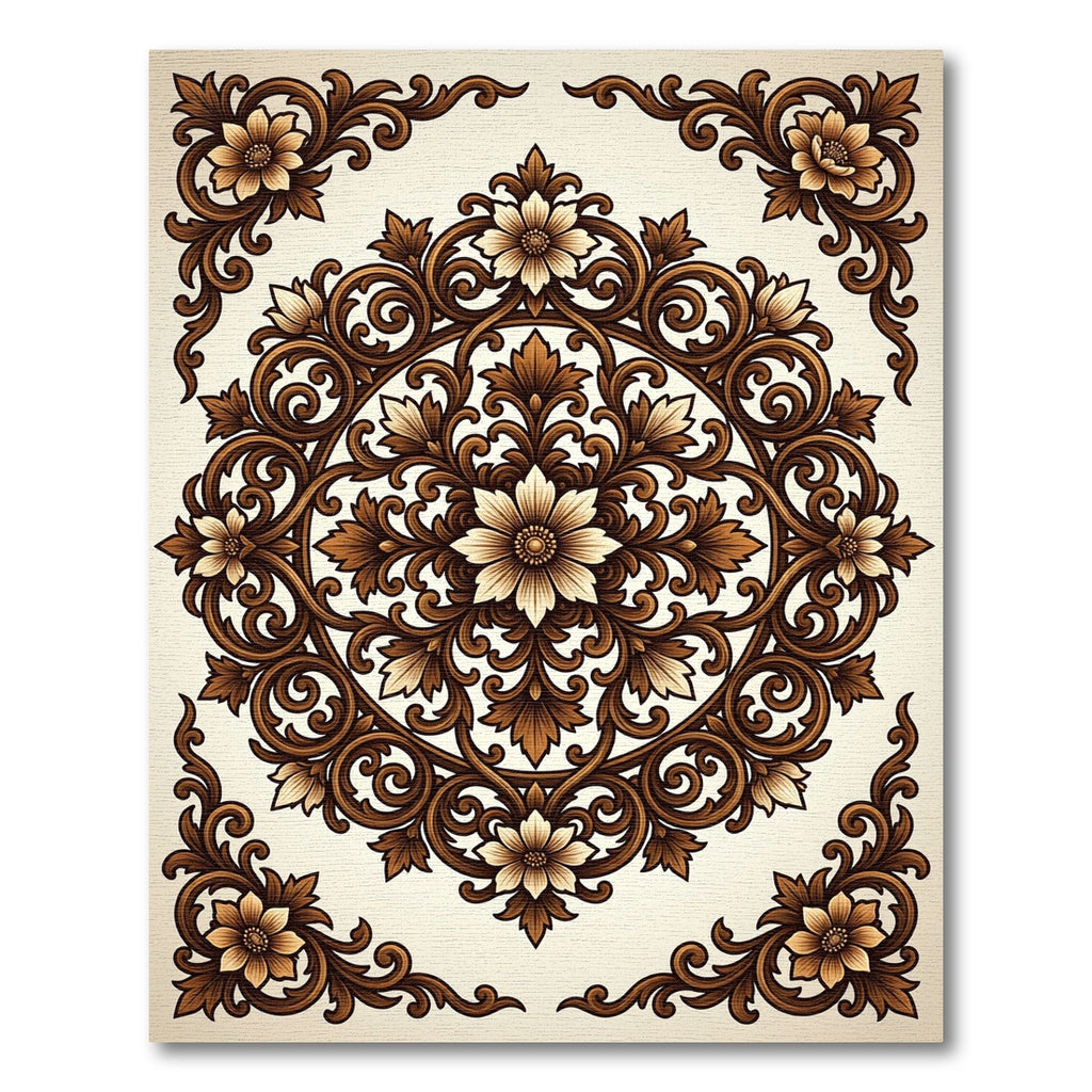 Elegant Brown Floral Filigree Medallion Rug
