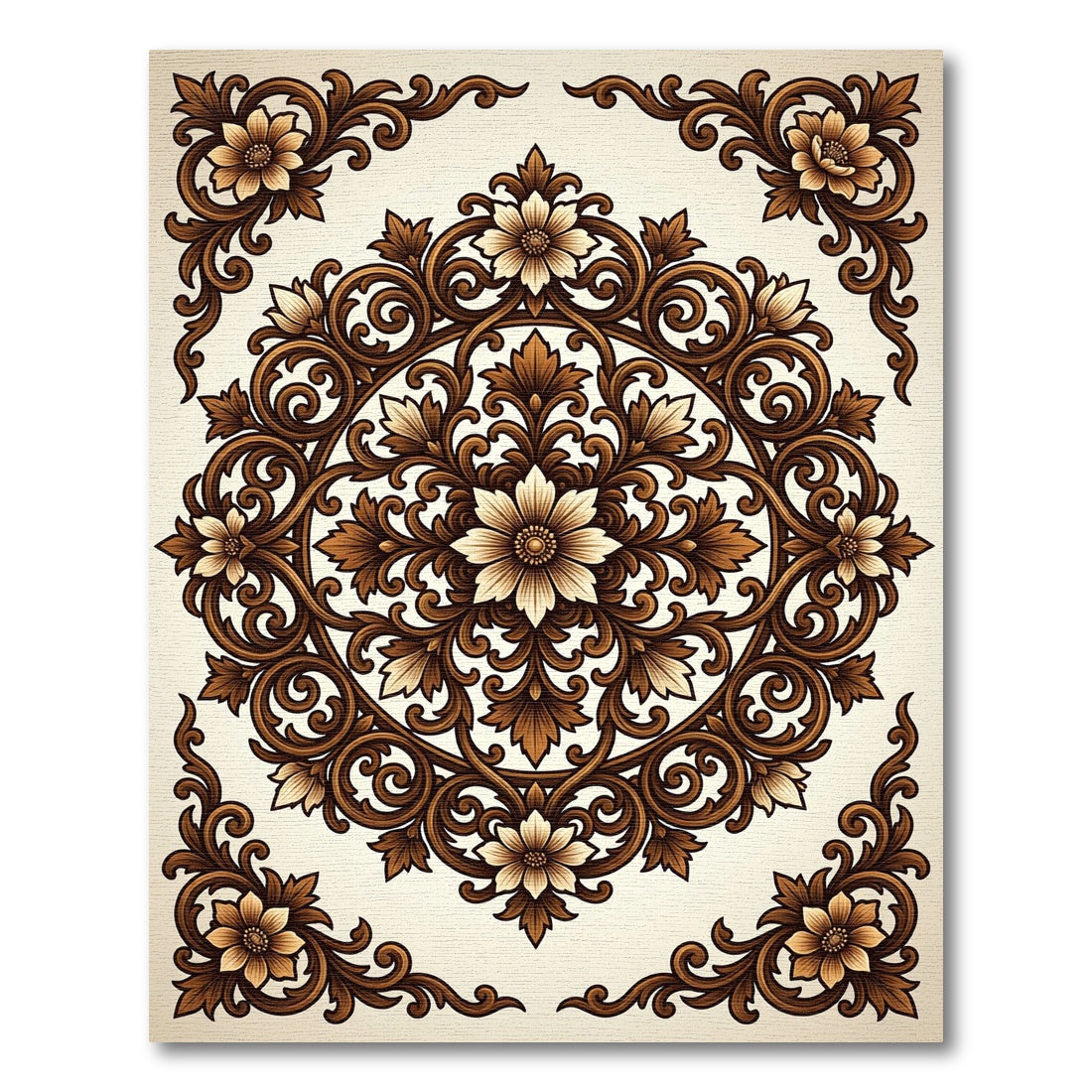 Elegant Brown Floral Filigree Medallion Rug