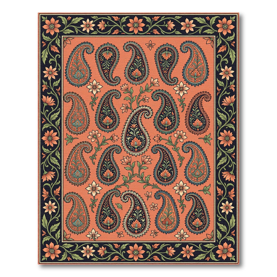 Coral Paisley Floral Border Rug