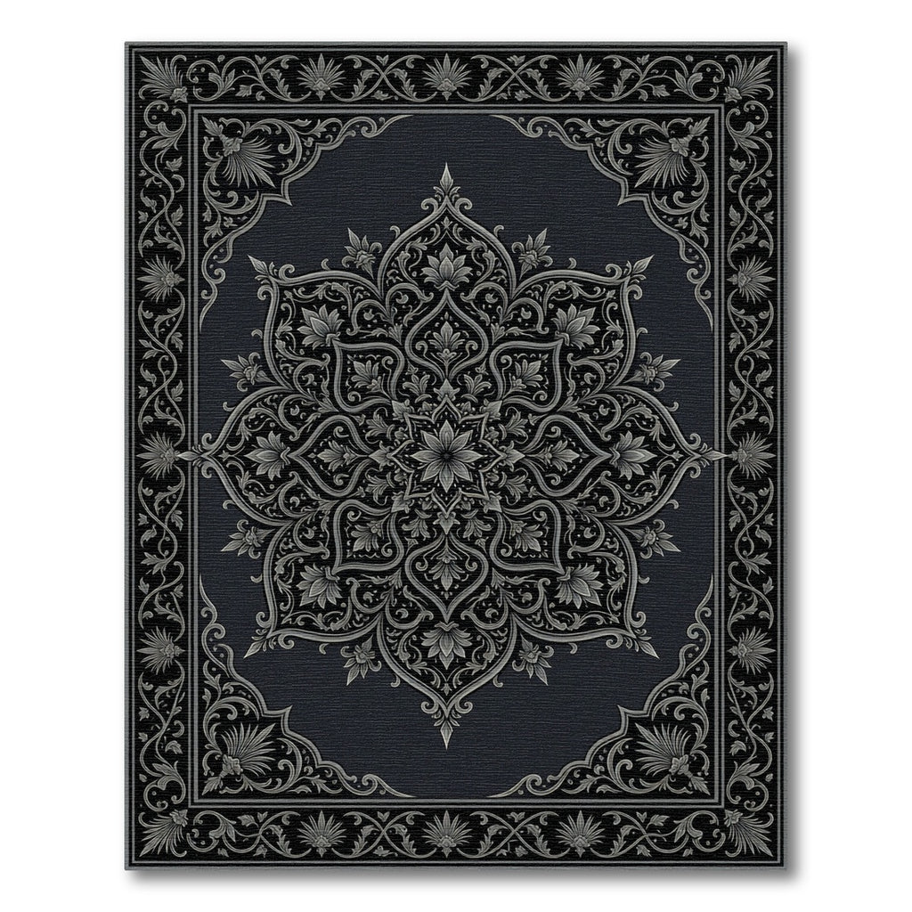 Ornate Dark Gray Floral Medallion Rug