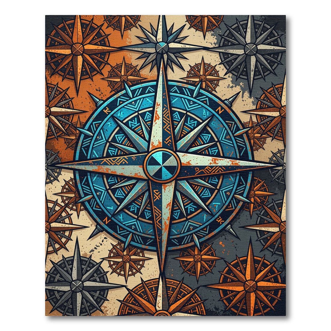 Rustic Blue Compass Rose Navigation Art Rug