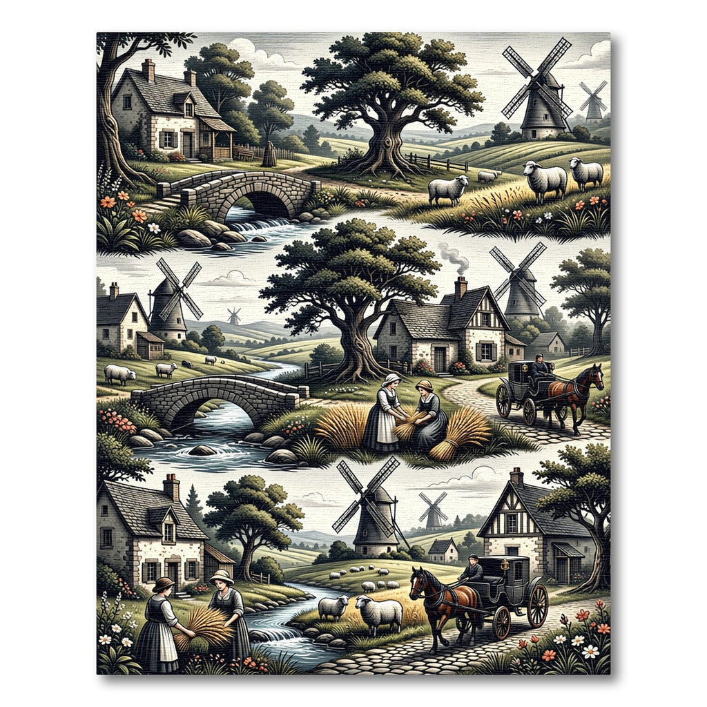 Vintage Farmhouse Scenic Pastoral Village Rug