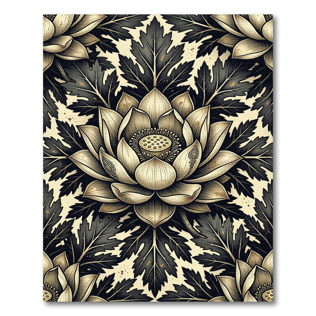 Vintage Black and Gold Lotus Medallion Rug