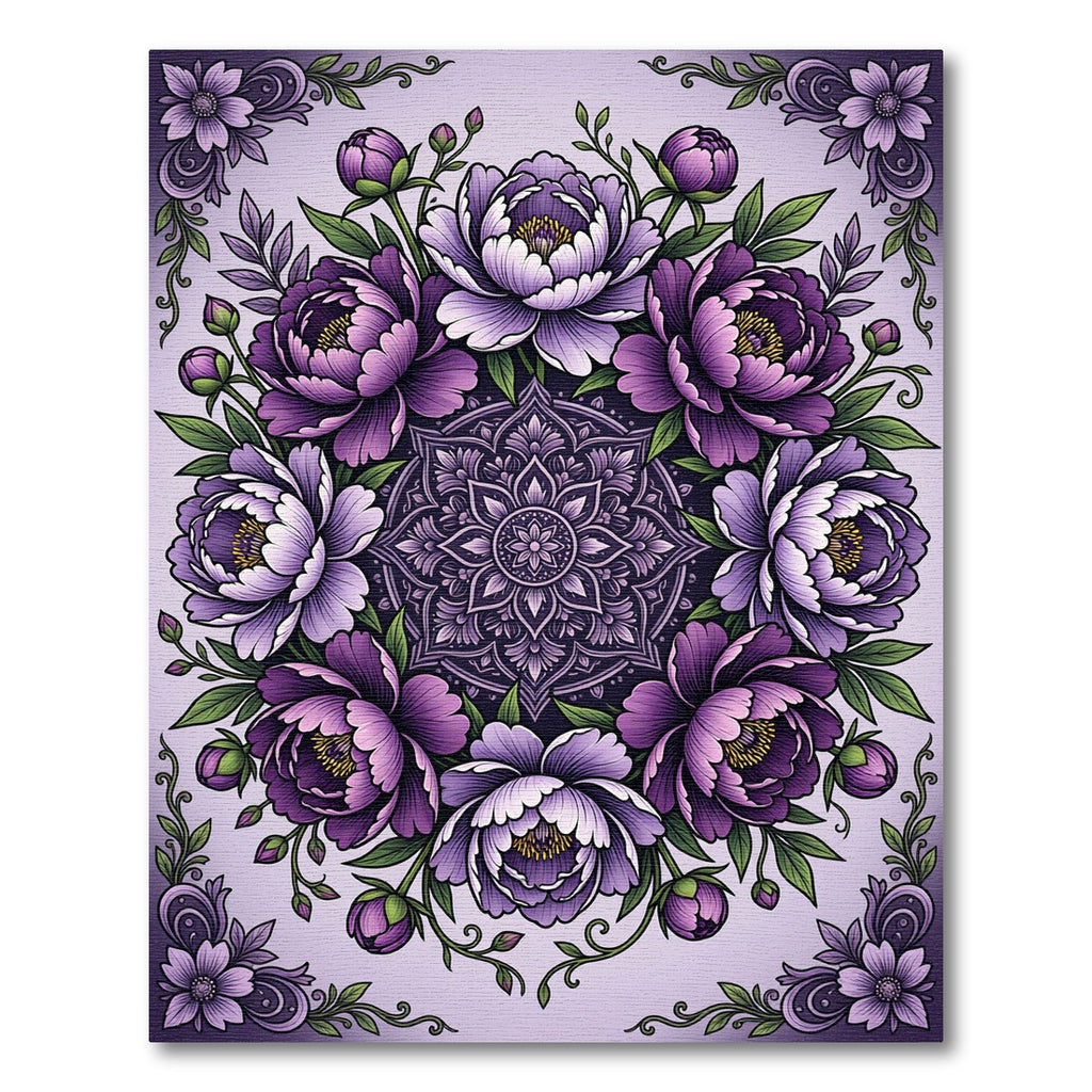 Purple Peonies Botanical Mandala Circle Rug