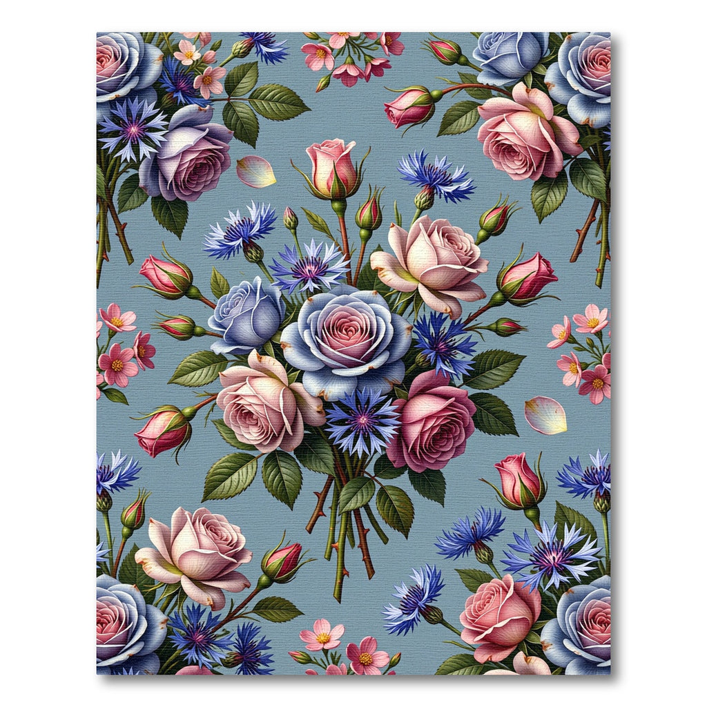 Pink Roses Blue Cornflower Bouquet Rug
