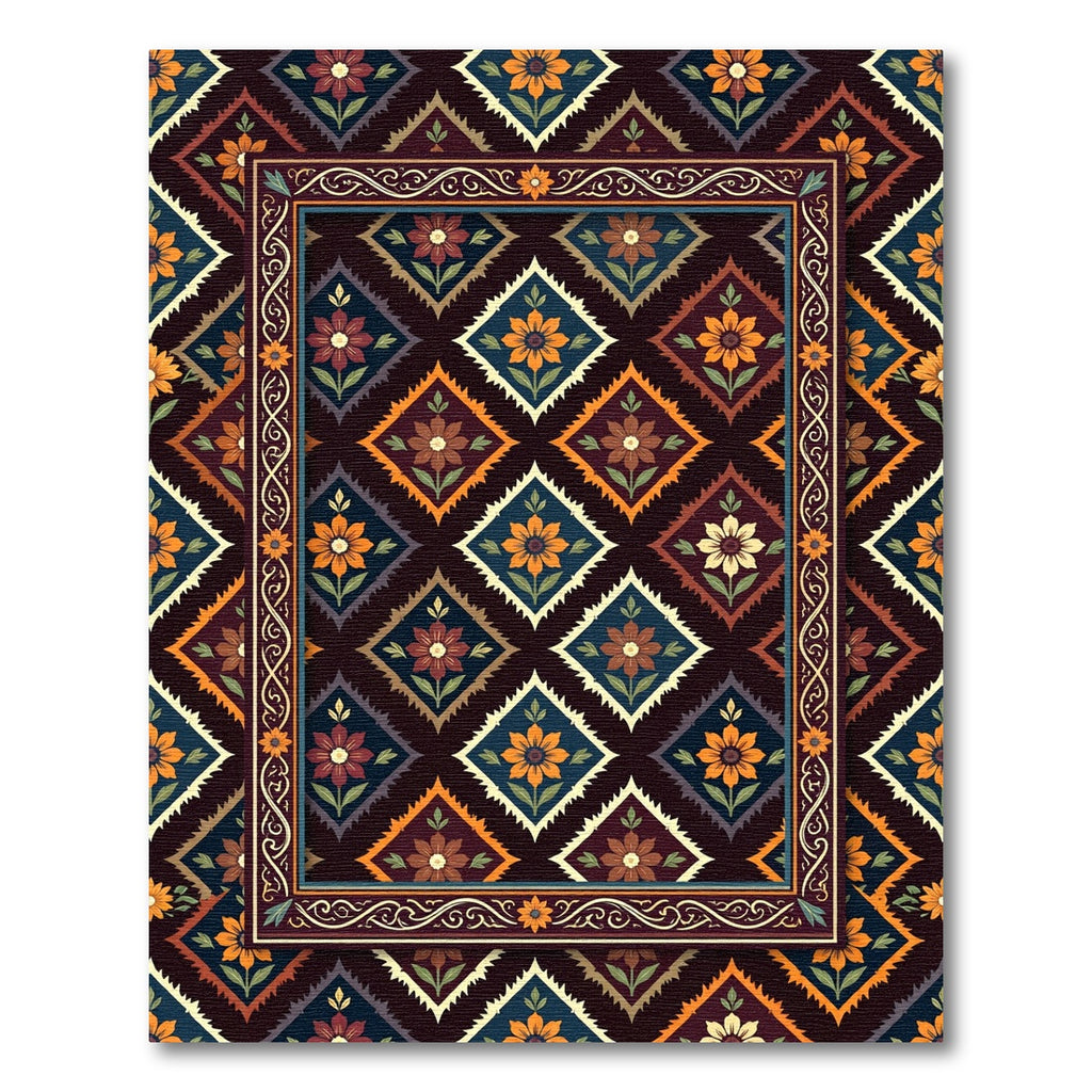 Earthy Floral Diamond Geometric Tapestry Rug