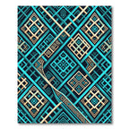 Geometric Teal and Gold Interlocking Grid Rug