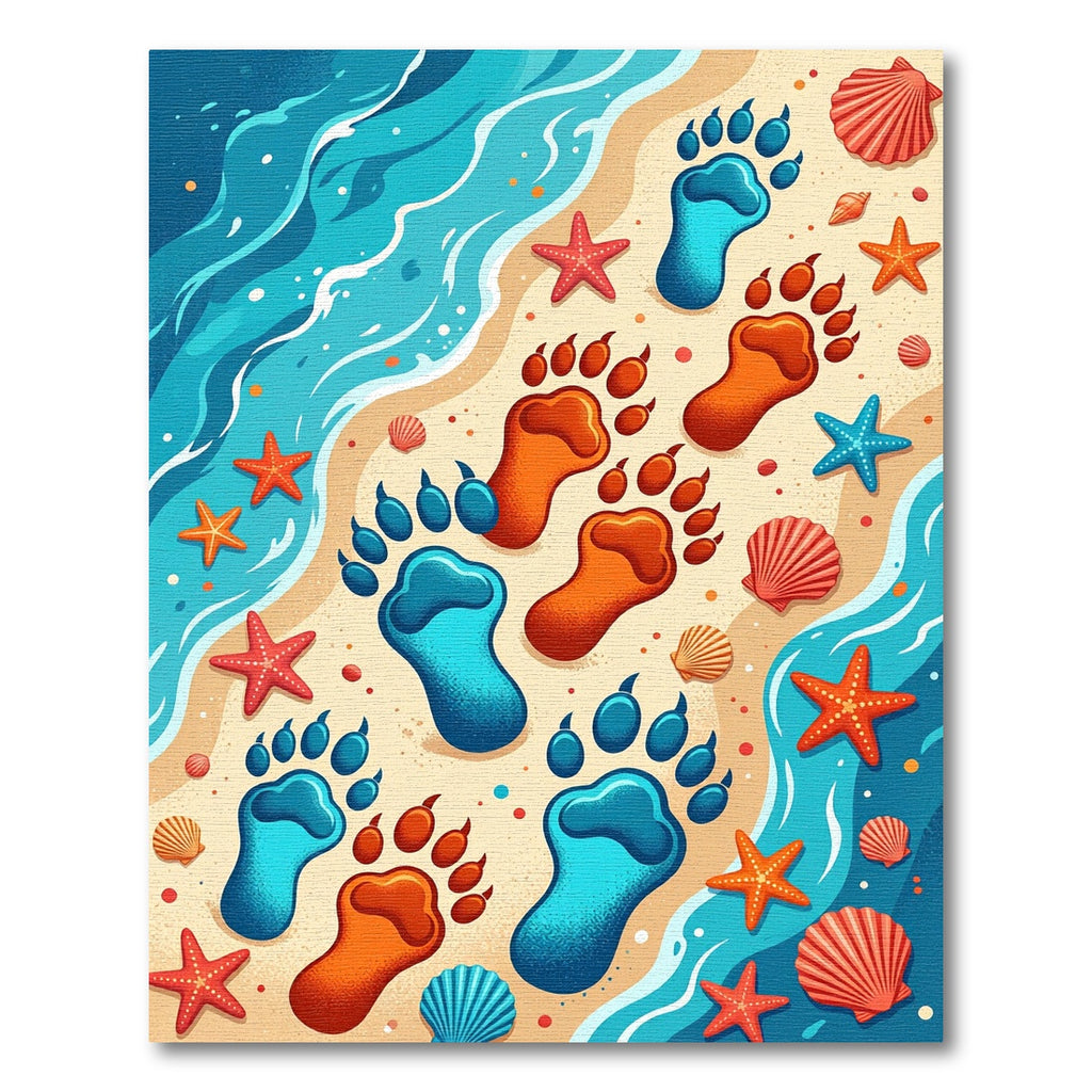 Playful Blue Orange Paw Print Shore Rug