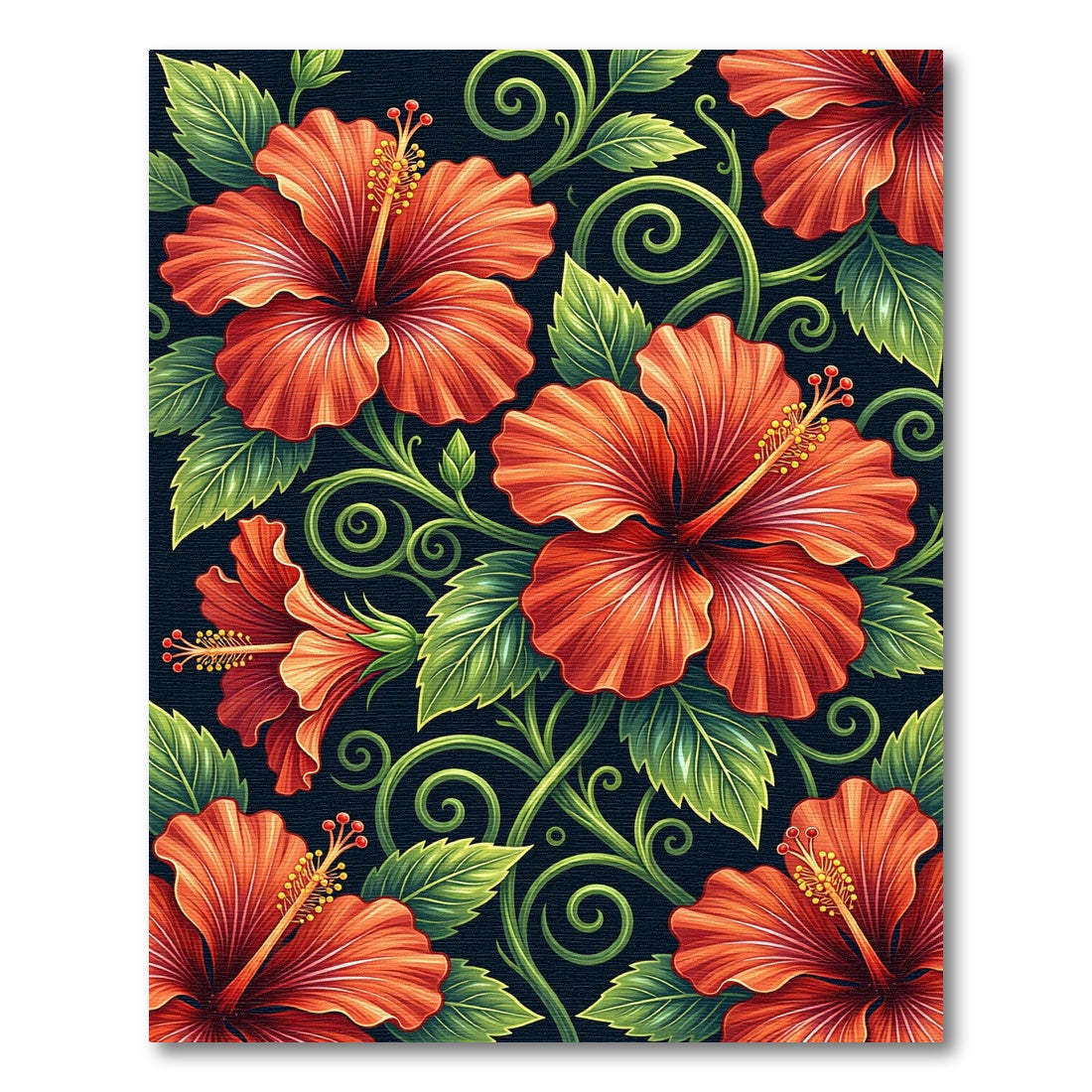 Vibrant Red Hibiscus Floral Swirls Rug