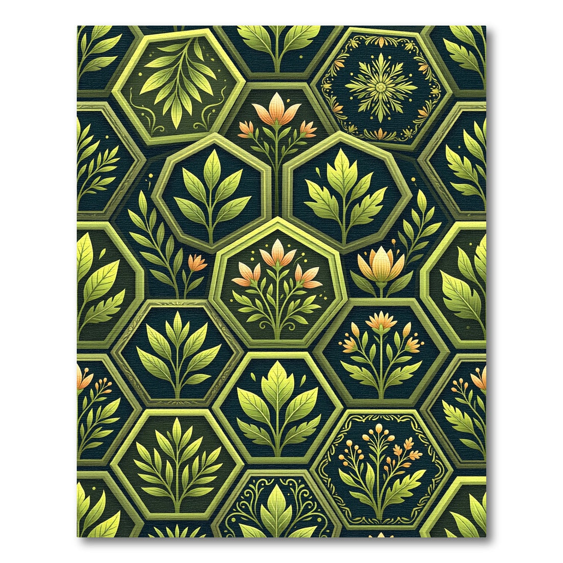 Emerald Green Hexagonal Botanical Floral Rug