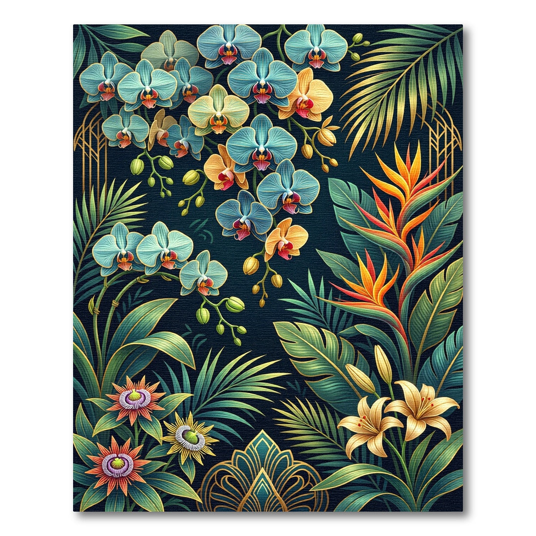Lush Tropical Orchid and Palm Art Rug