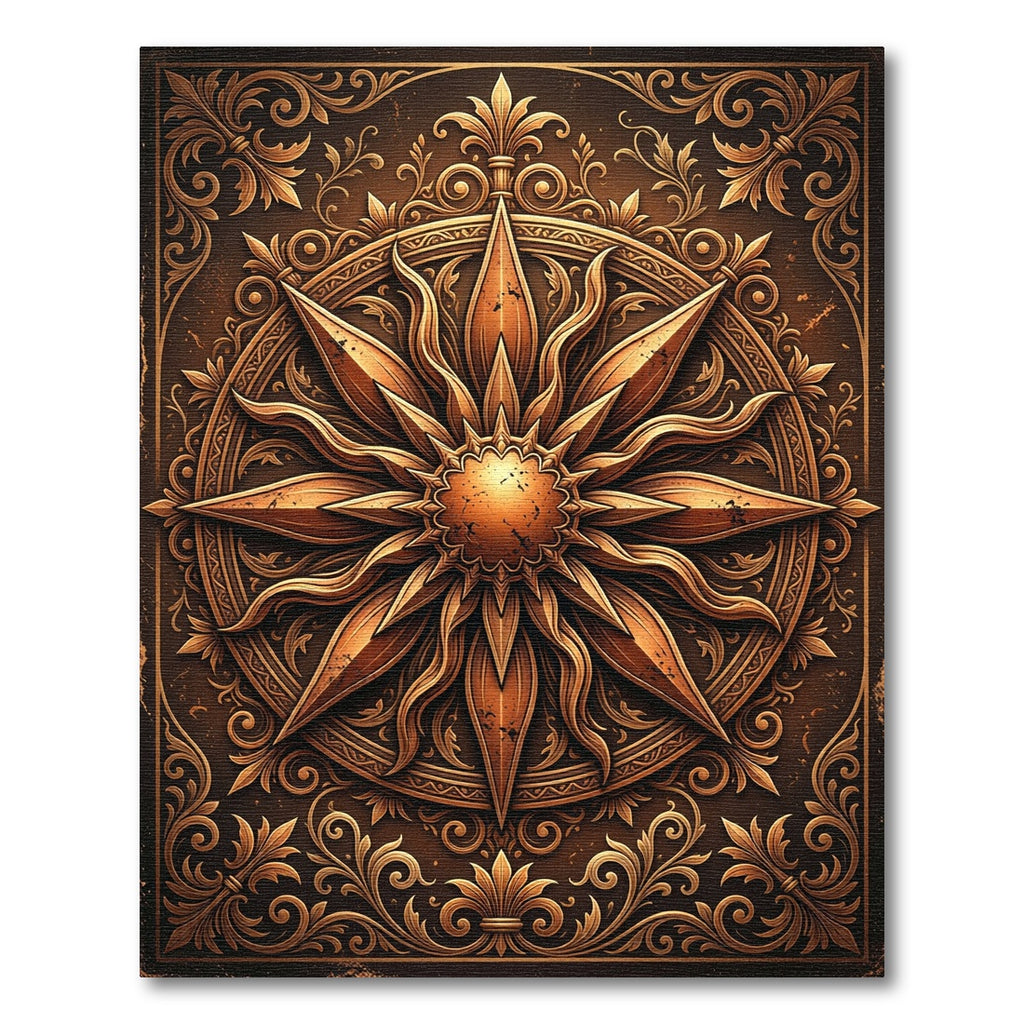 Ornate Bronze Sunburst Celestial Medallion Rug