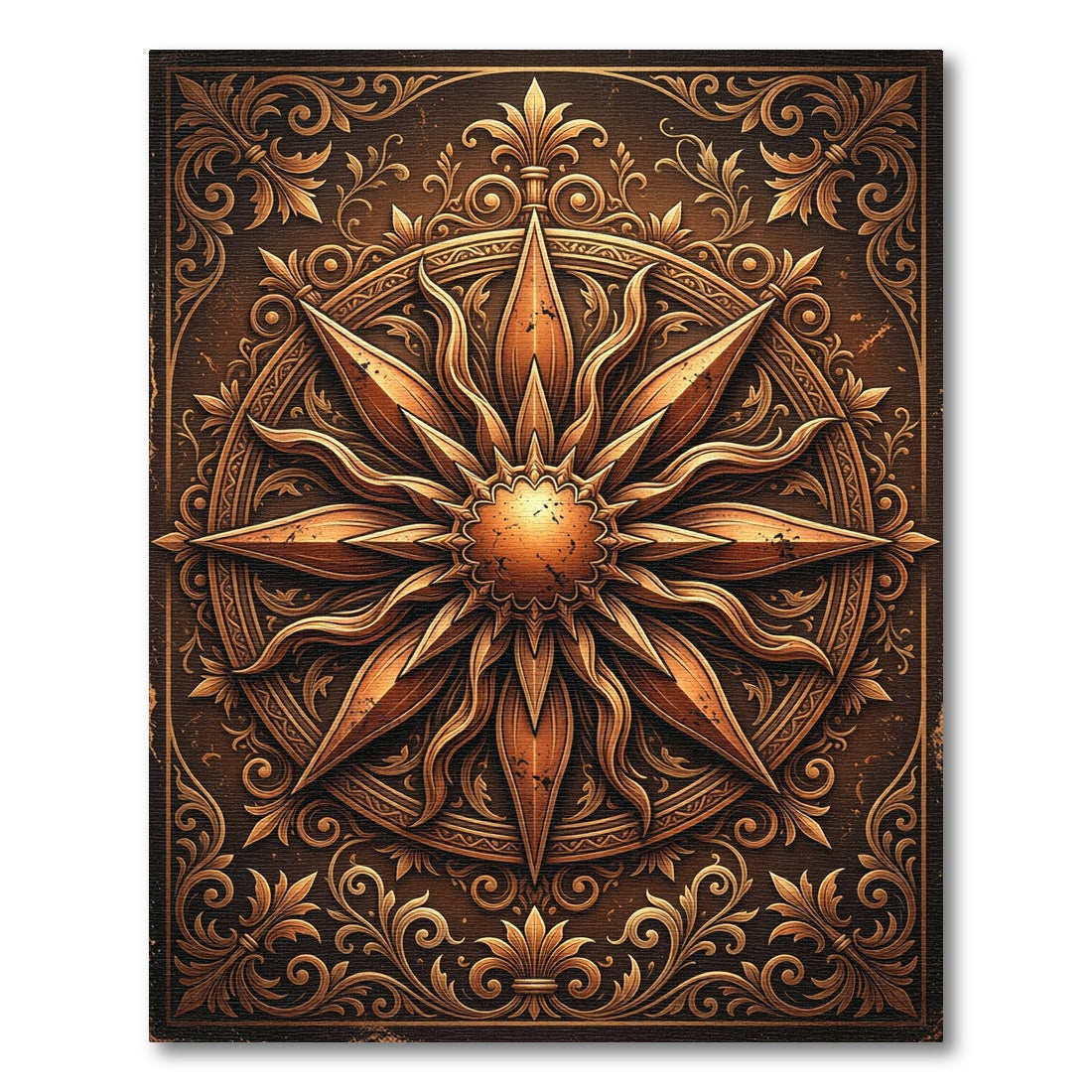 Ornate Bronze Sunburst Celestial Medallion Rug