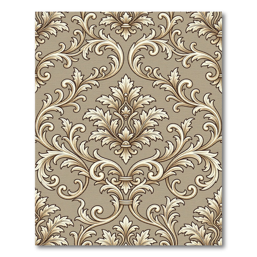 Elegant Taupe Damask Scroll Floral Rug