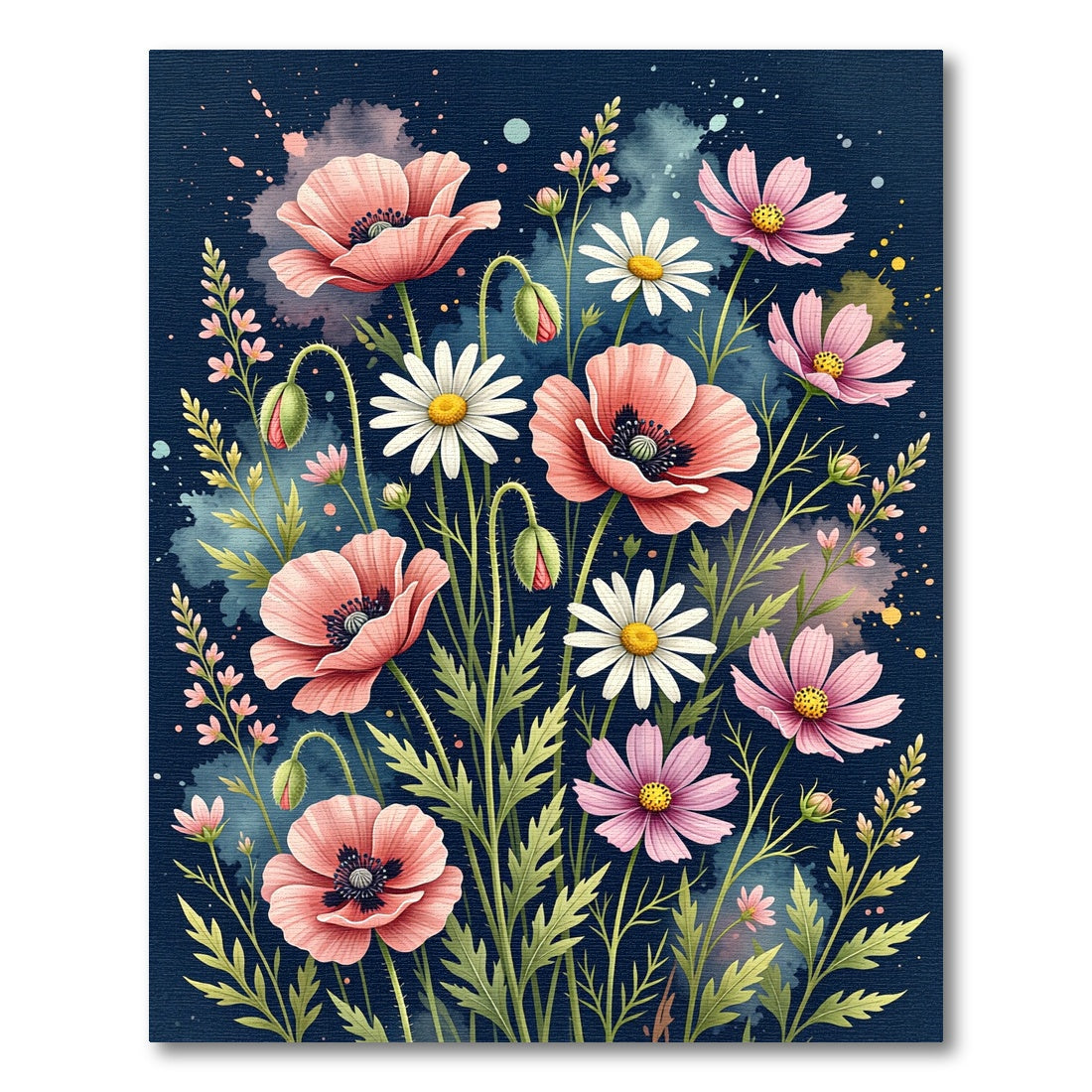 Midnight Watercolor Poppies and Daisies Meadow Rug